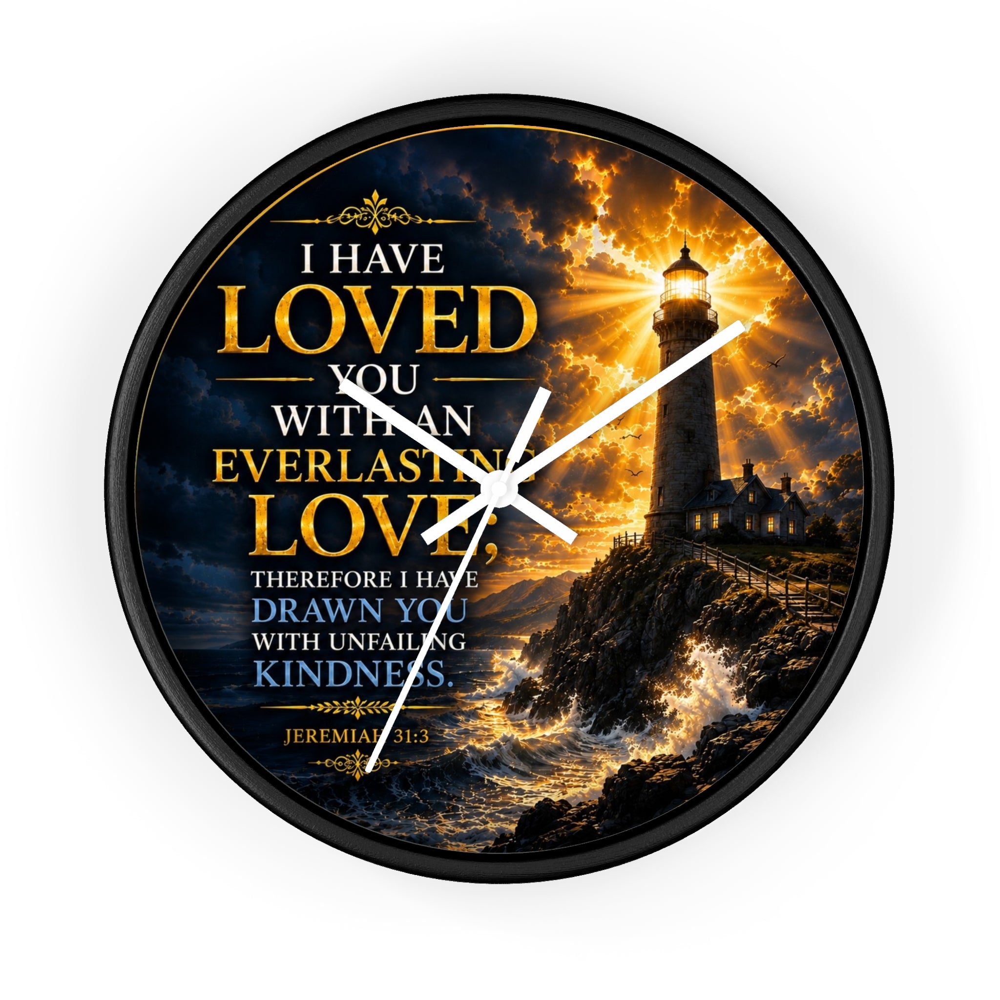 Inspirational Christian wall clock featuring a glowing lighthouse over stormy seas with Jeremiah 31:3 scripture about everlasting love in warm golden tones.