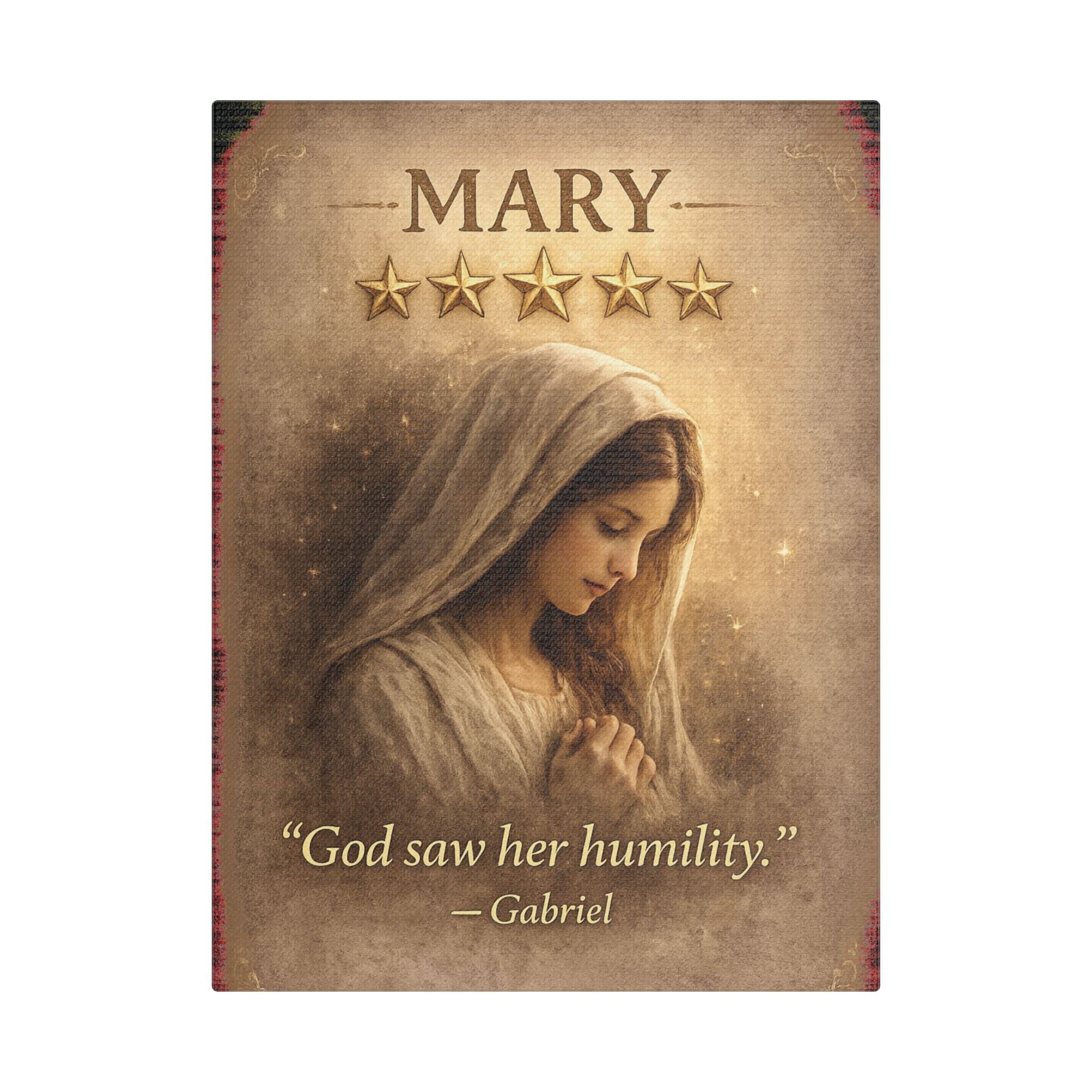 Book cover with a depiction of Mary, text 'God saw her humility' by Gabriel, and five gold stars above her name.