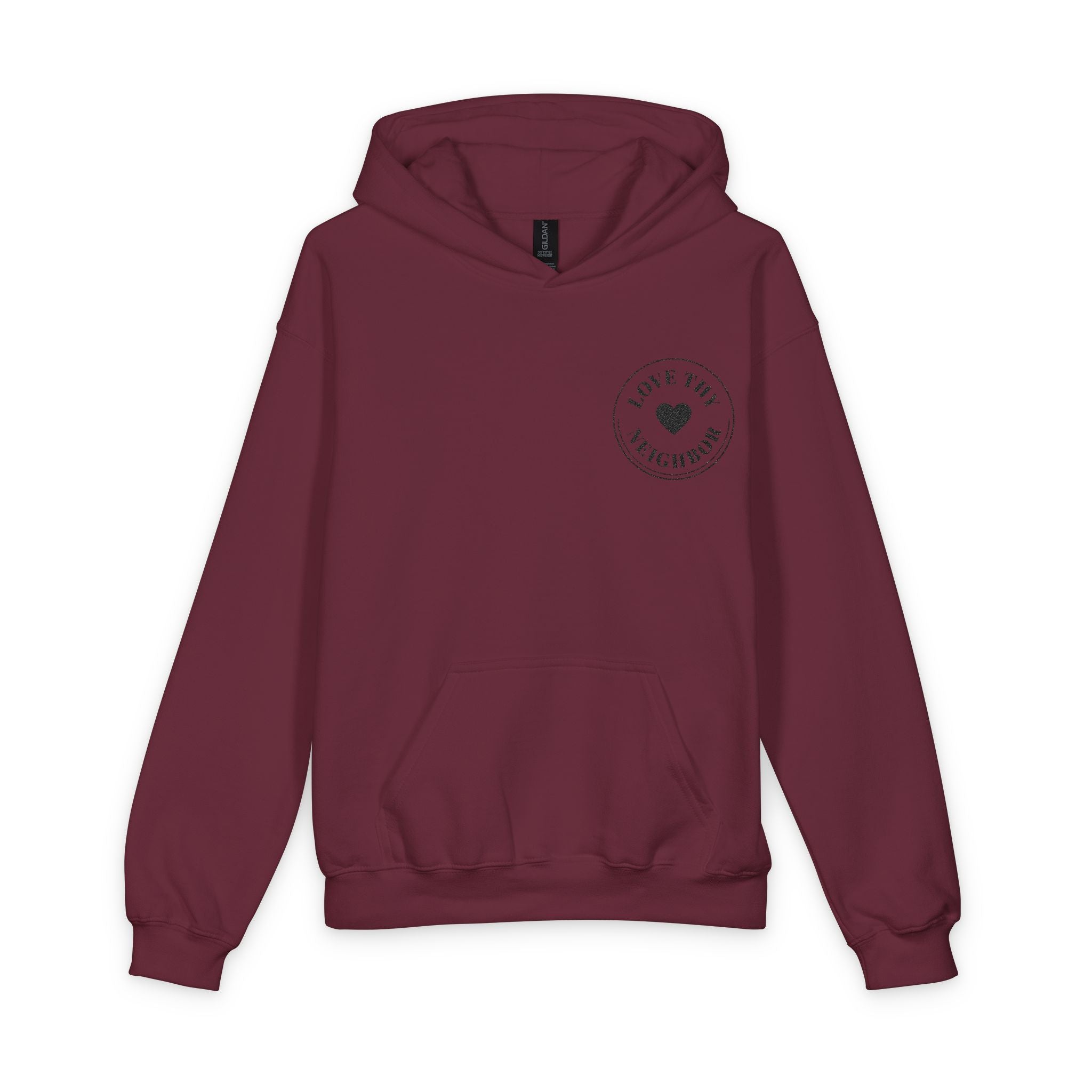 Youth hooded sweatshirt featuring a small heart chest logo with the words "Love Tiny Friendships," classic fit, front pouch pocket, and soft cotton blend.