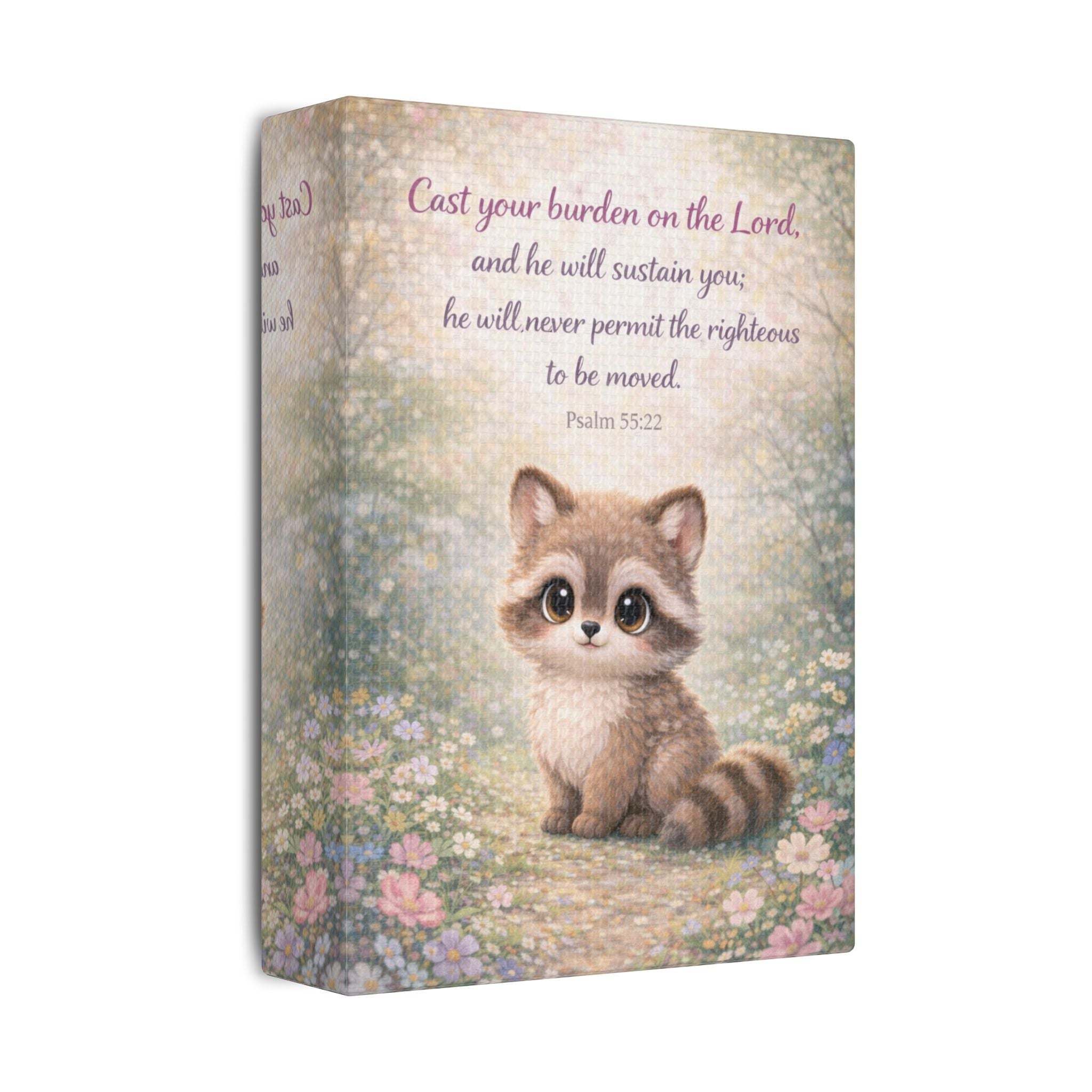Scripture Woodland Animals – Raccoon – Psalm 55:22 Canvas Print
