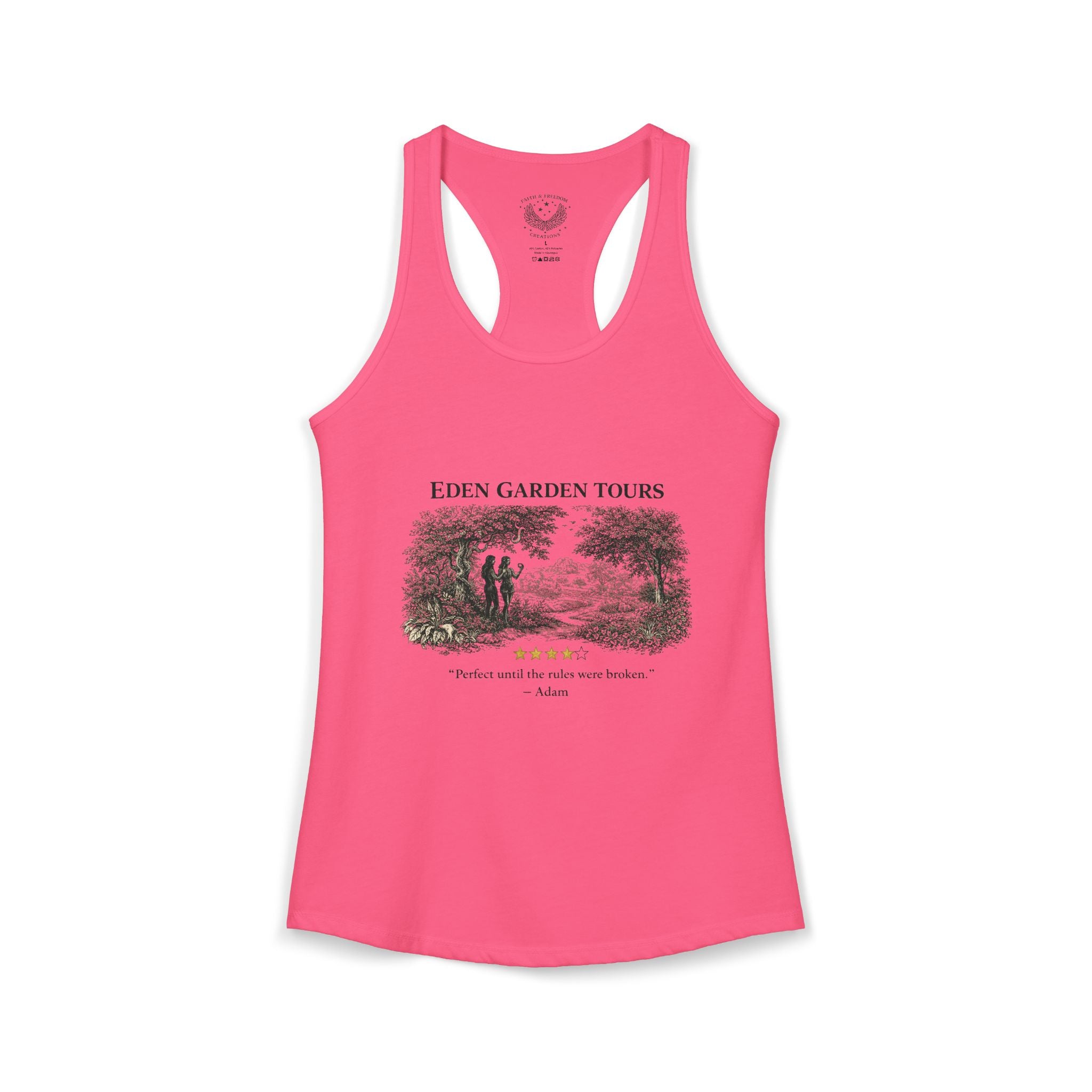 Eden Garden Tours Women's Racerback Tank — 'Adam's Review' Graphic