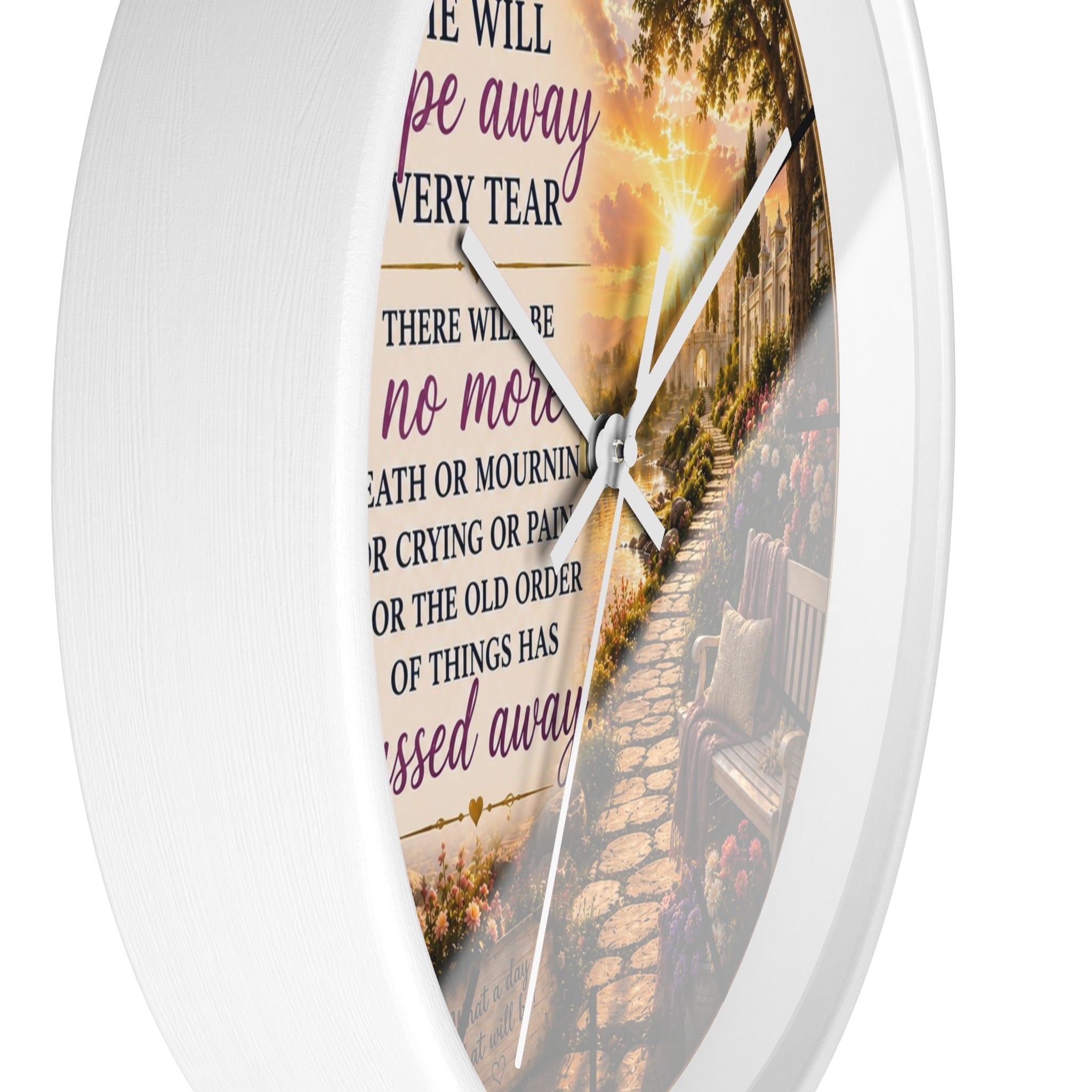 Revelation 21:4 Memorial Garden Wall Clock | Inspirational Christian Scripture Clock | Faith Home Decor