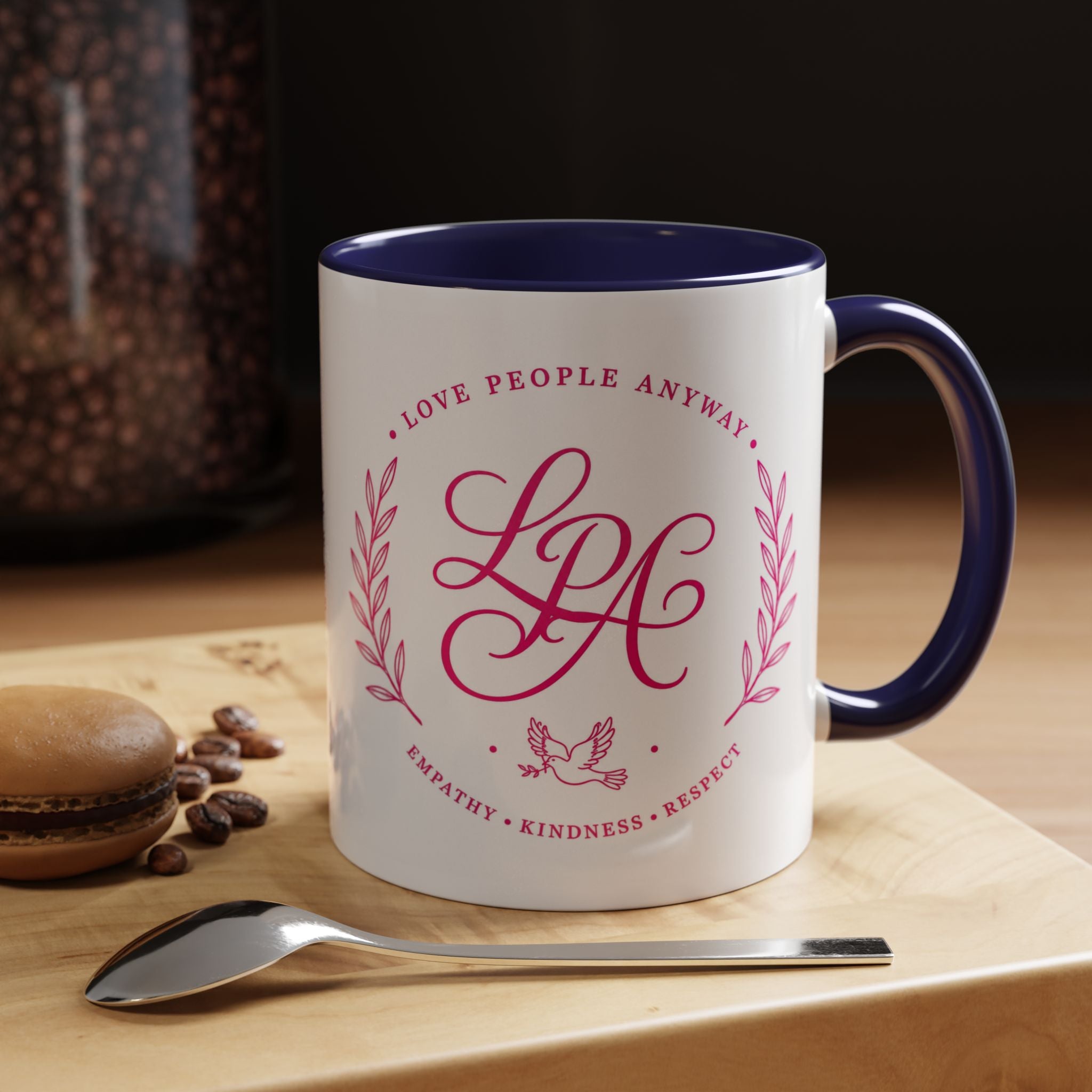 Love People Anyway Coffee Mug | Inspirational Pink Monogram Mug | Faith Freedom Creations