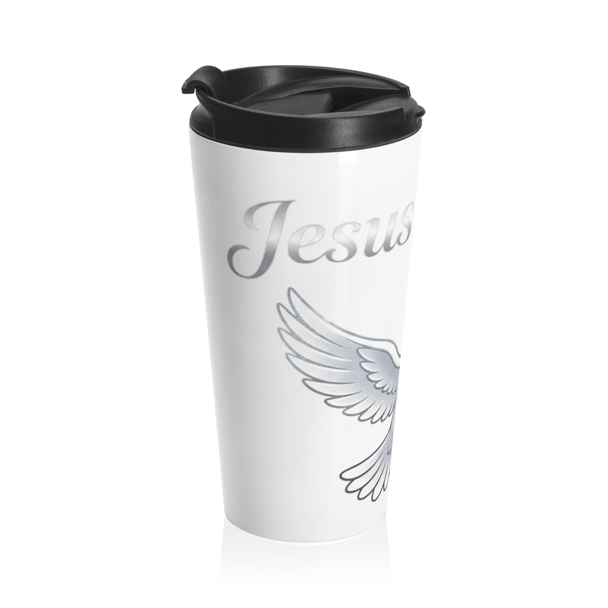 White stainless steel insulated travel mug featuring a hand-drawn white dove with a small heart and the words "Jesus Is Peace," complete with a black flip-top lid.