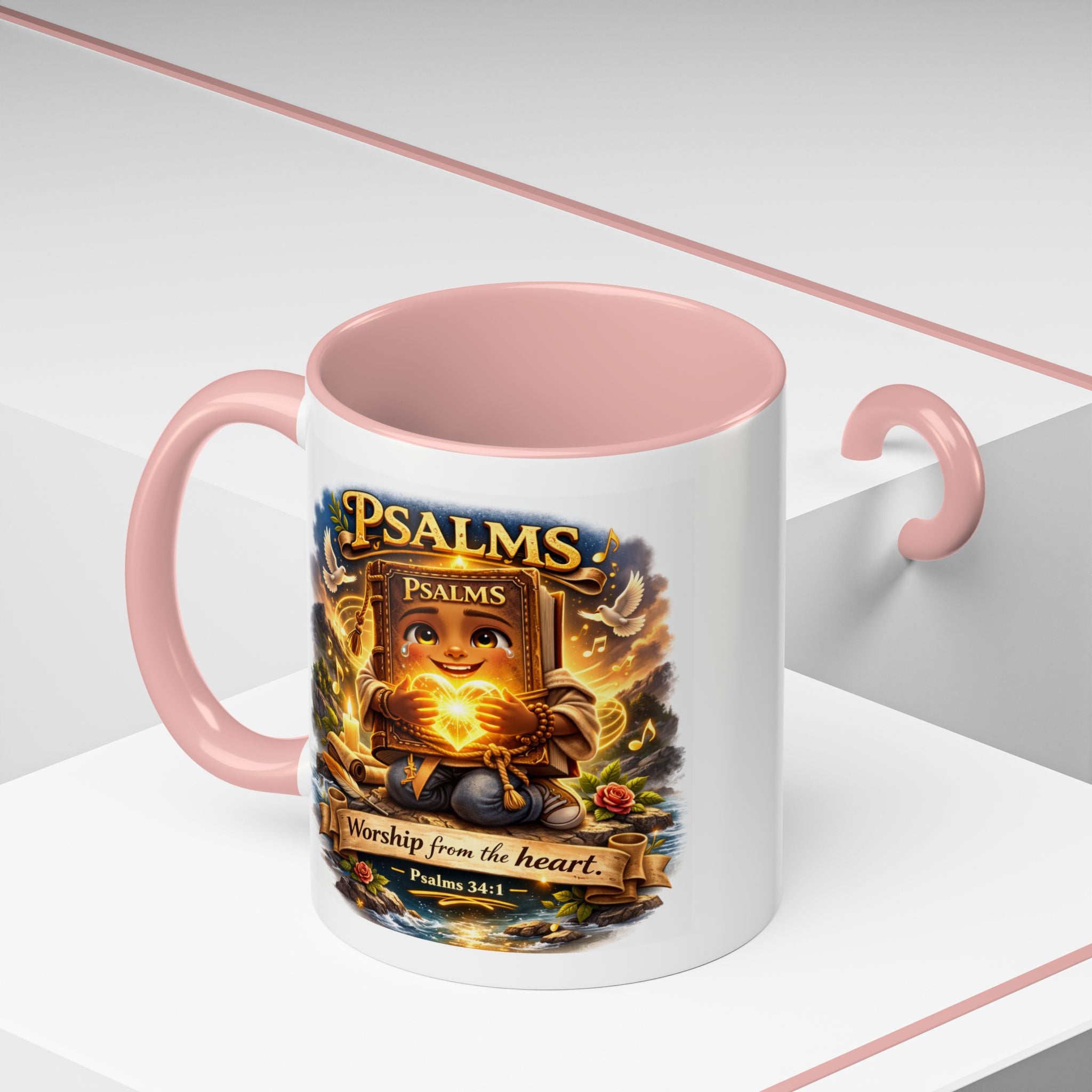 Inspirational Christian ceramic accent coffee mug featuring Psalm 34:1 and the message “Worship From the Heart” with colorful handle and interior accents on a glossy white mug.