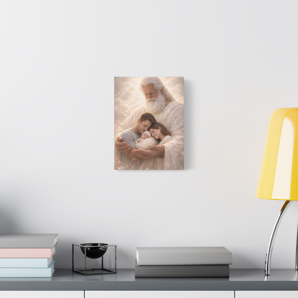 Safely in His Hands Canvas — Family Sleeping in God's Embrace | Christian Family Wall Art