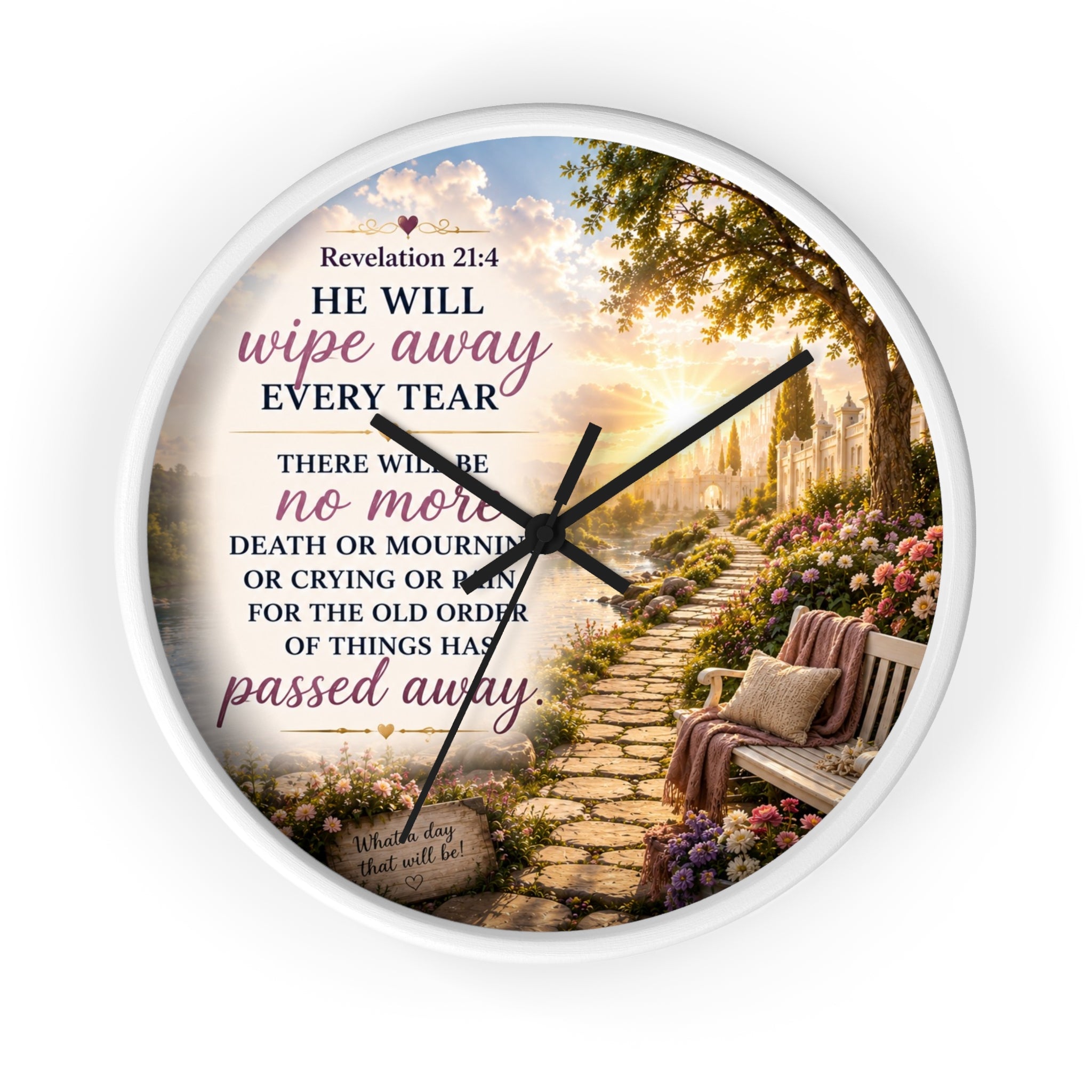 Revelation 21:4 Wall Clock | Christian Prayer Garden Decor | Inspirational Silent Wall Clock