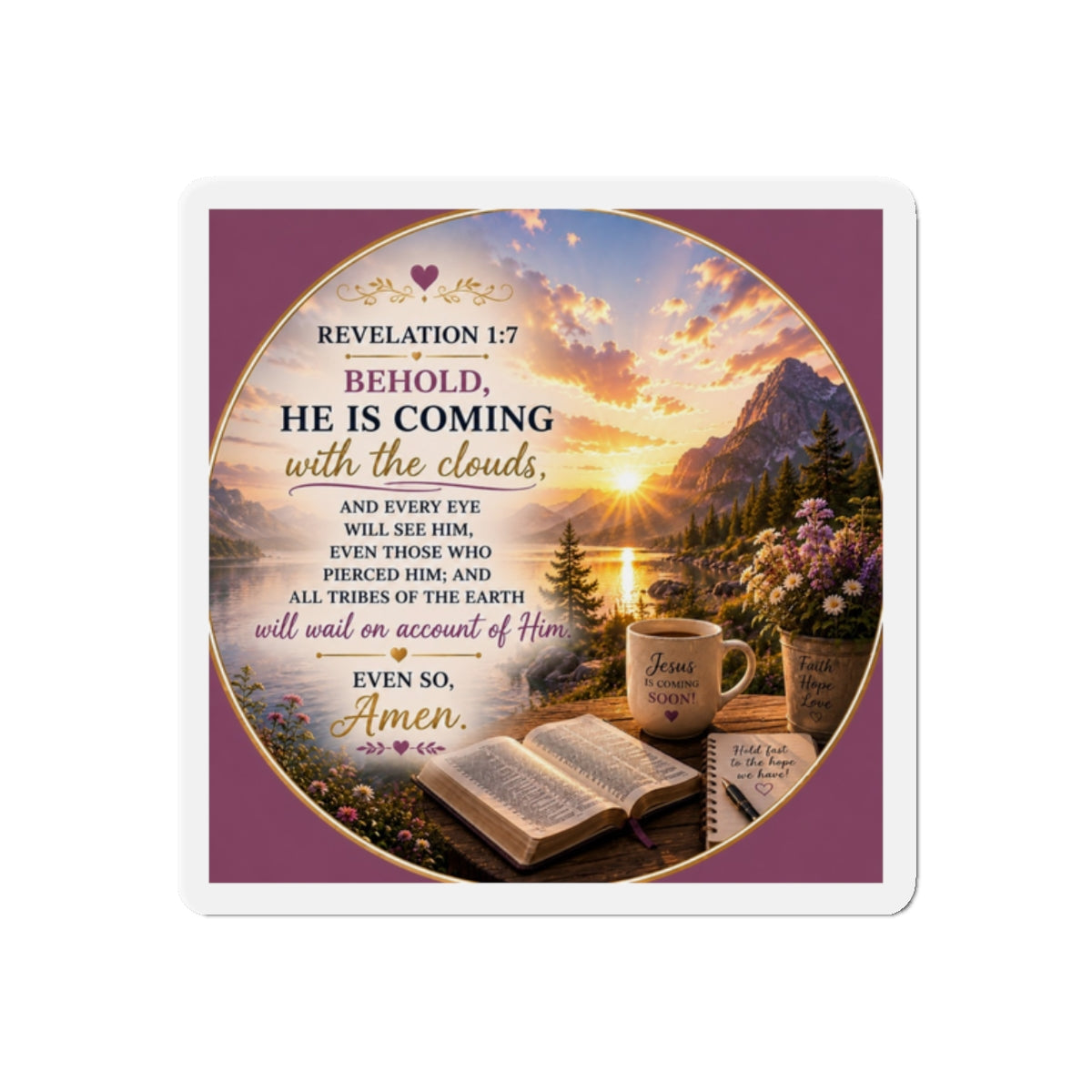 Christian die-cut magnet featuring Revelation 1:7, a mountain lake sunrise, open Bible, coffee mug, flowers, and inspirational scripture about Christ's return in purple and gold tones.