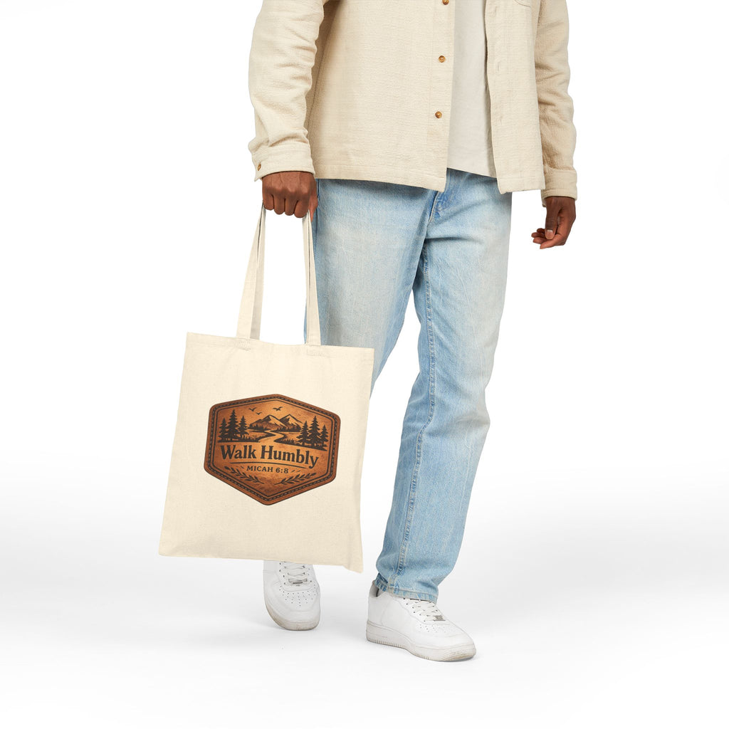 Walk Humbly Tote Bag | Micah 6:8 Christian Canvas Tote | Rustic Mountain Faith Tote