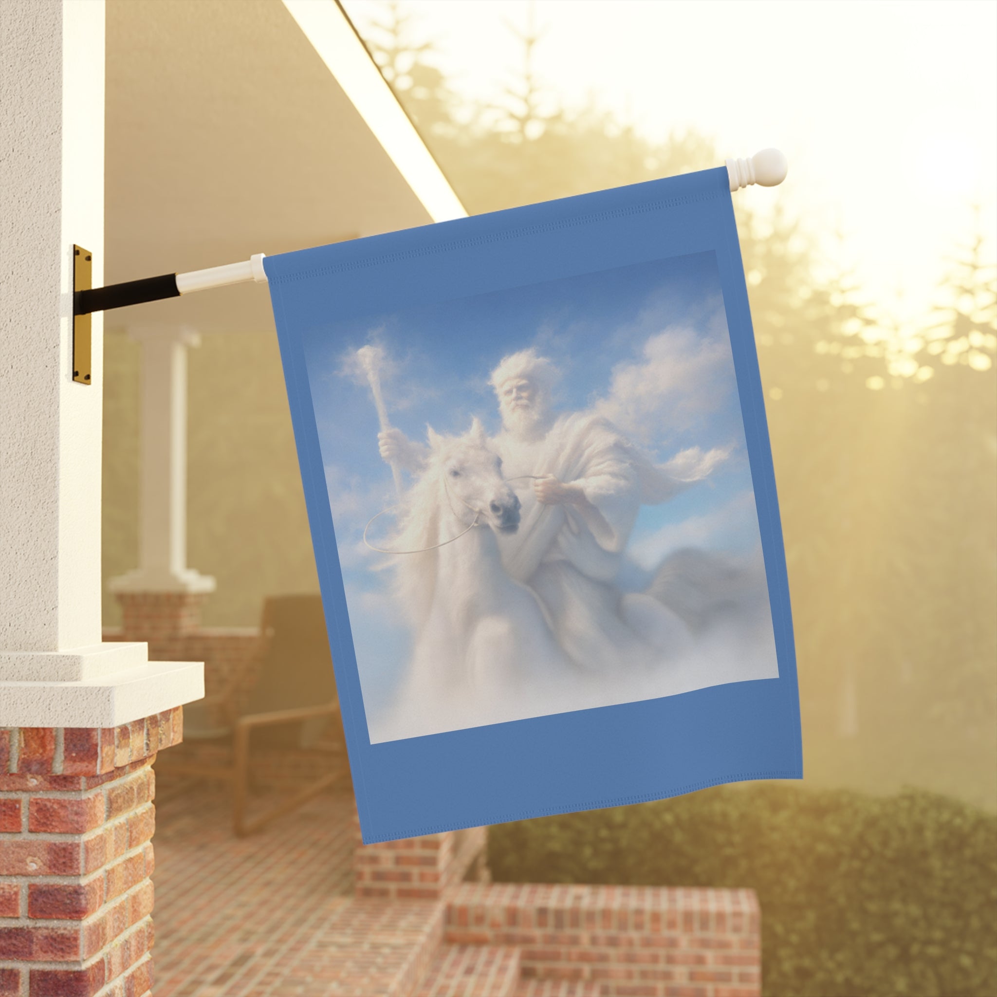 Inspirational Christian garden flag featuring Jesus riding a white horse through glowing clouds with dramatic sky scenery and double-sided outdoor artwork.