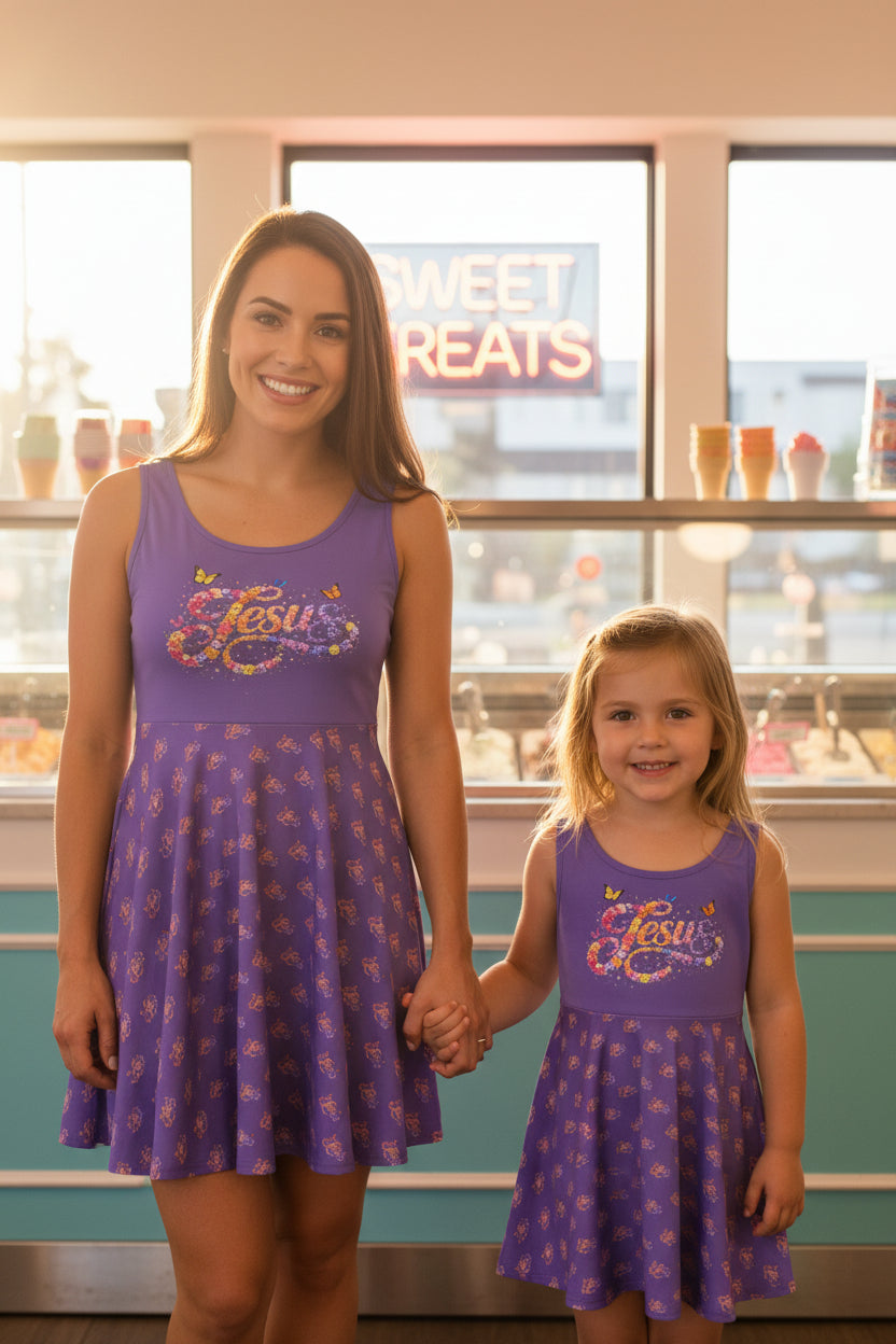 Purple Floral Jesus Thank You Skater Dress – Christian Faith Dress | Elegant Church & Easter Outfit