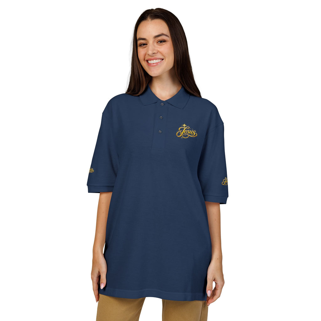Jesus Gold Fleur Embroidered Polo – Christian Faith Collared Shirt | Elegant Unisex Church Polo