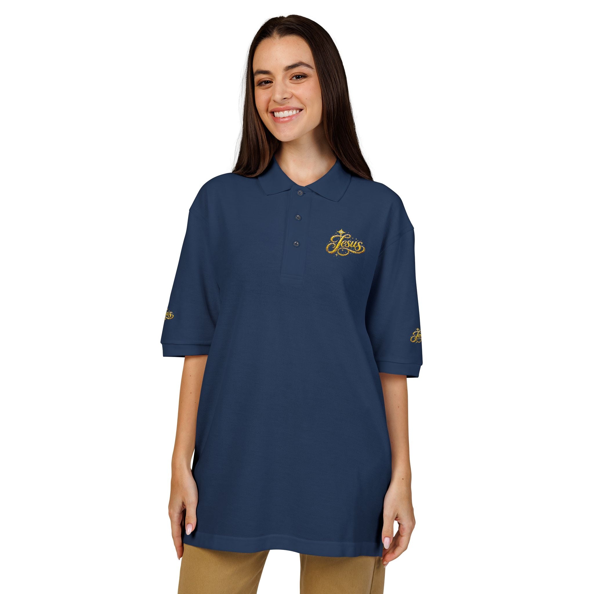 Jesus Gold Fleur Embroidered Polo – Christian Faith Collared Shirt | Elegant Unisex Church Polo