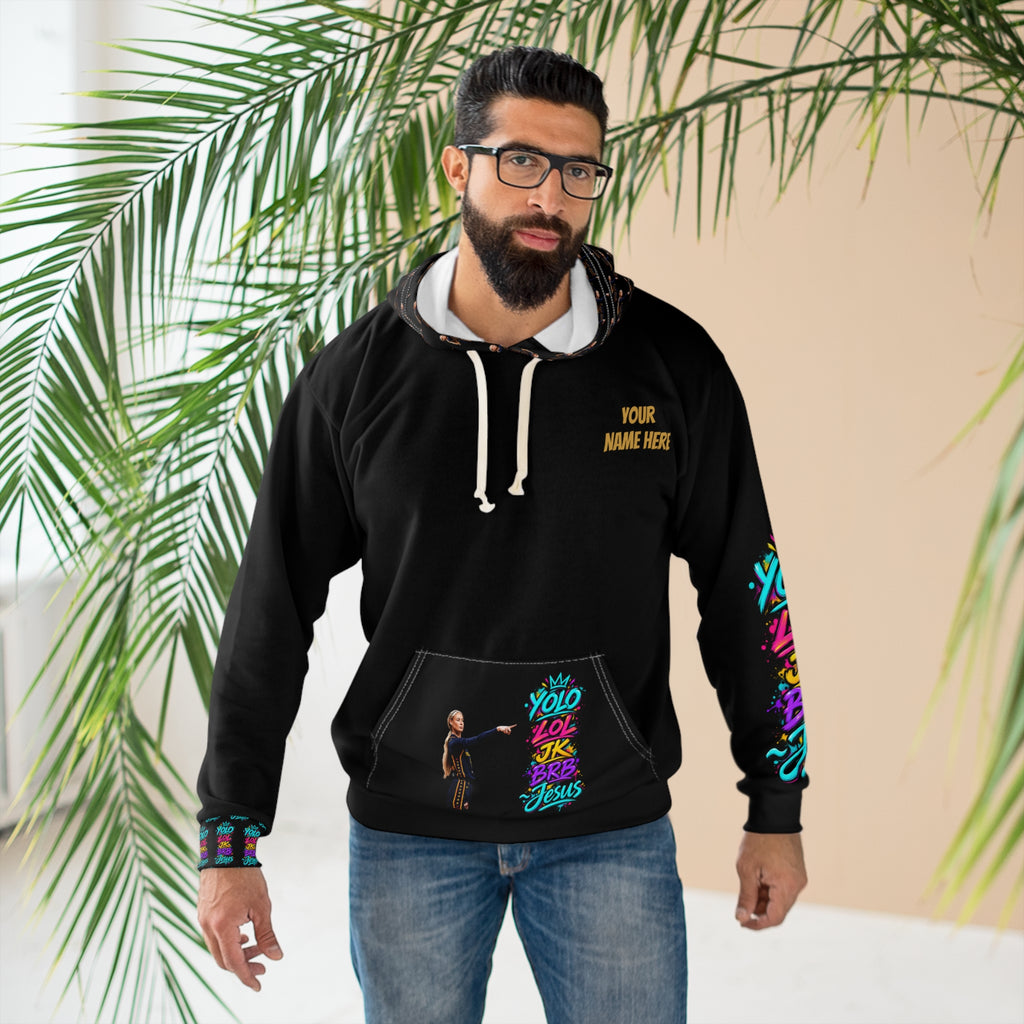 Black personalized pullover hoodie with colorful YOLO LOL JK BRB ~Jesus graffiti artwork, illustrated woman pointing toward the words, coordinating sleeve and cuff graphics, patterned hood, kangaroo pocket artwork, and custom name on the front chest.