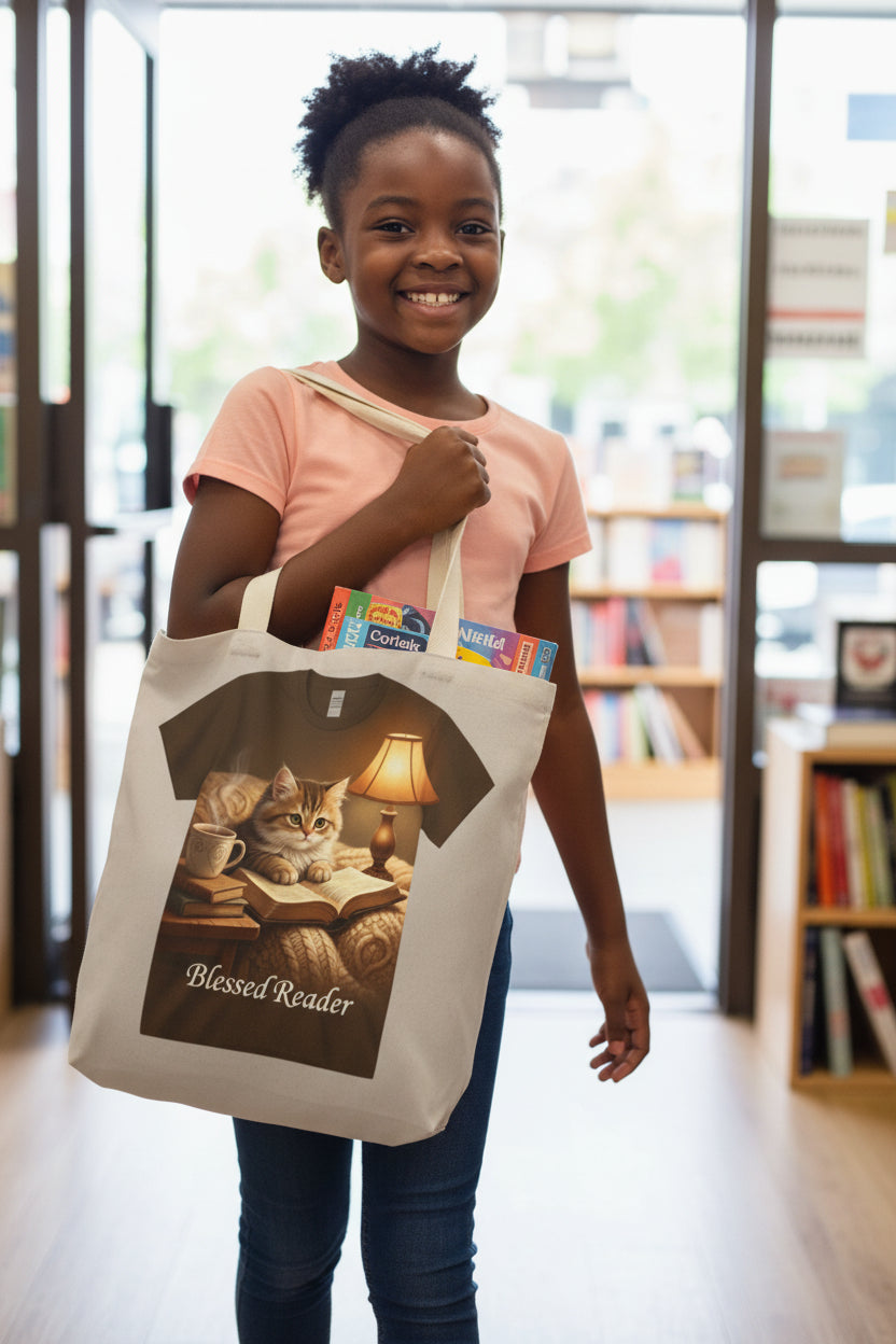Blessed Reader Cat Tote Bag – Cozy Book Lover Library Tote | Cat & Books Gift Bag
