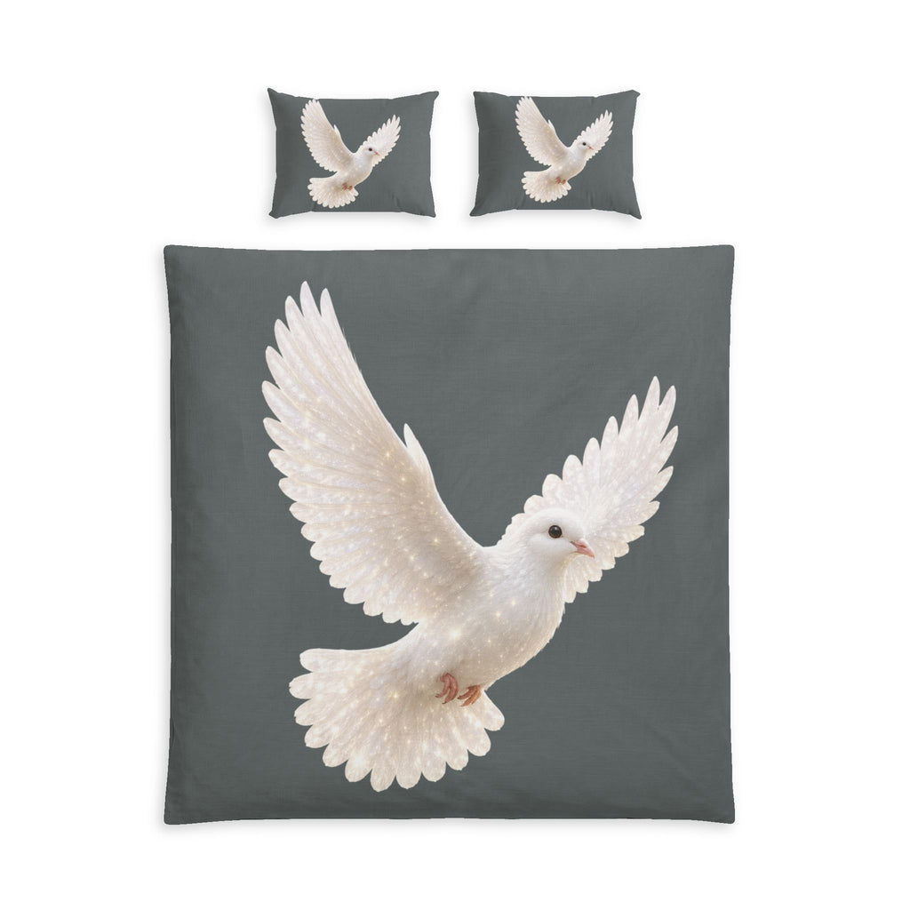 Slate gray cotton bedding set featuring a graceful white dove in flight with matching pillow shams, creating peaceful and elegant bedroom décor.