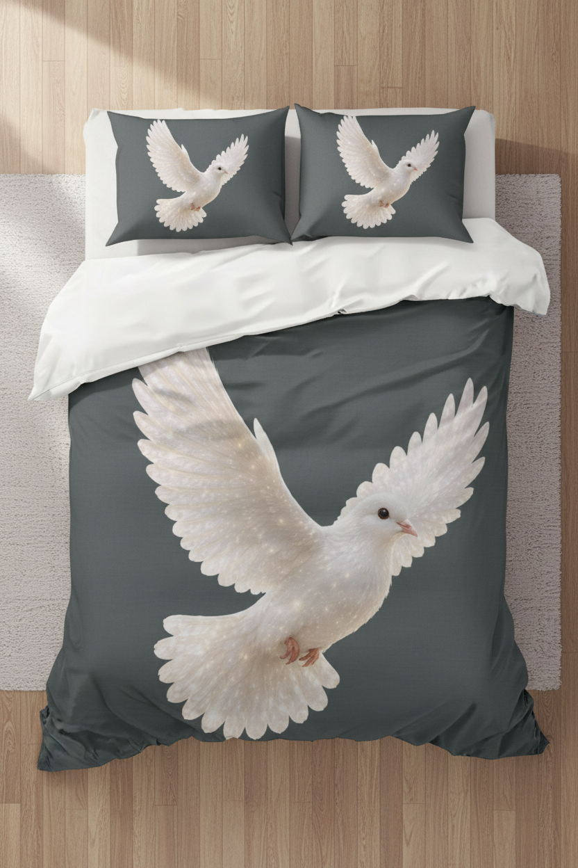 Slate gray cotton bedding set featuring a graceful white dove in flight with matching pillow shams, creating peaceful and elegant bedroom décor.