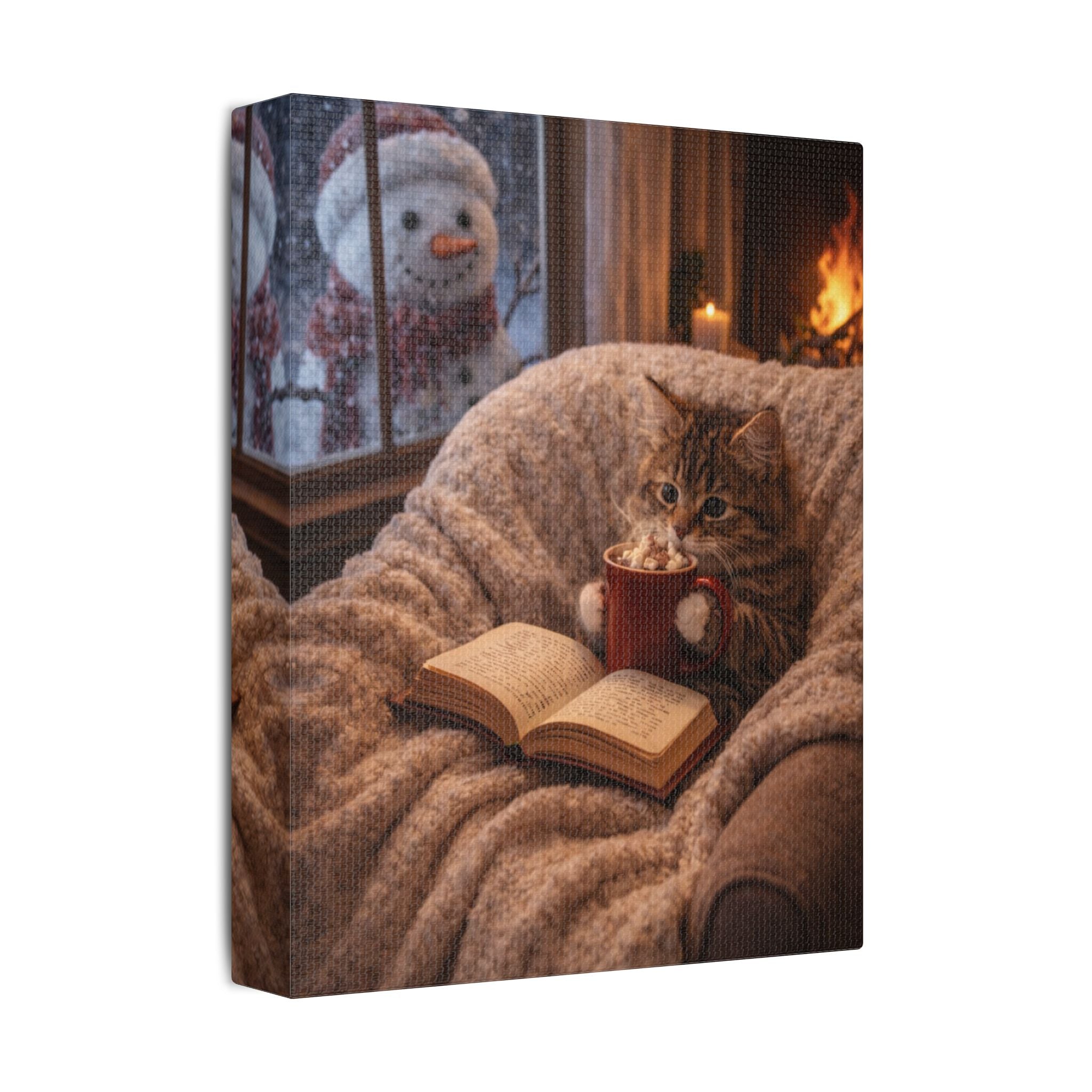 Winter Cat with Mug & Book Canvas — Cozy Cat Wall Art