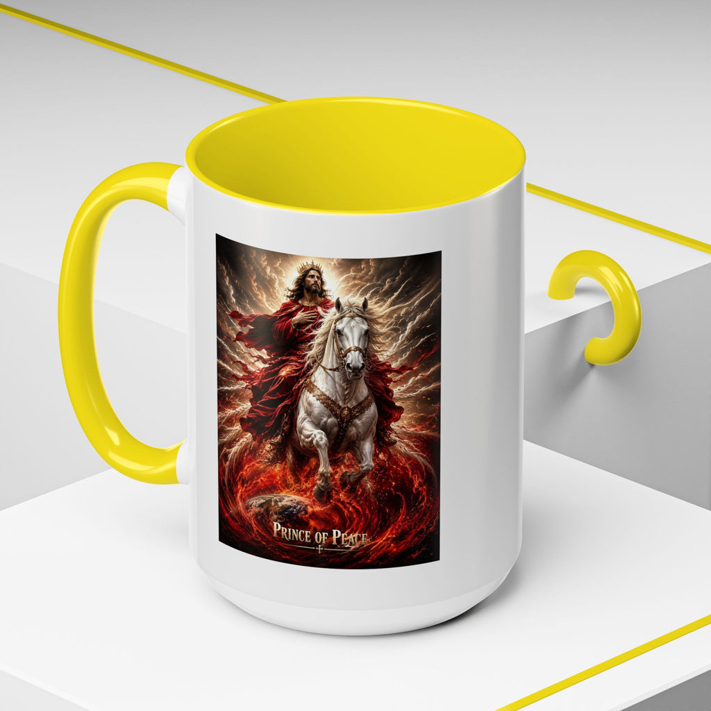 Inspirational Christian coffee mug featuring Jesus riding a white horse surrounded by radiant heavenly light with Prince of Peace artwork and colorful accent handle and interior.