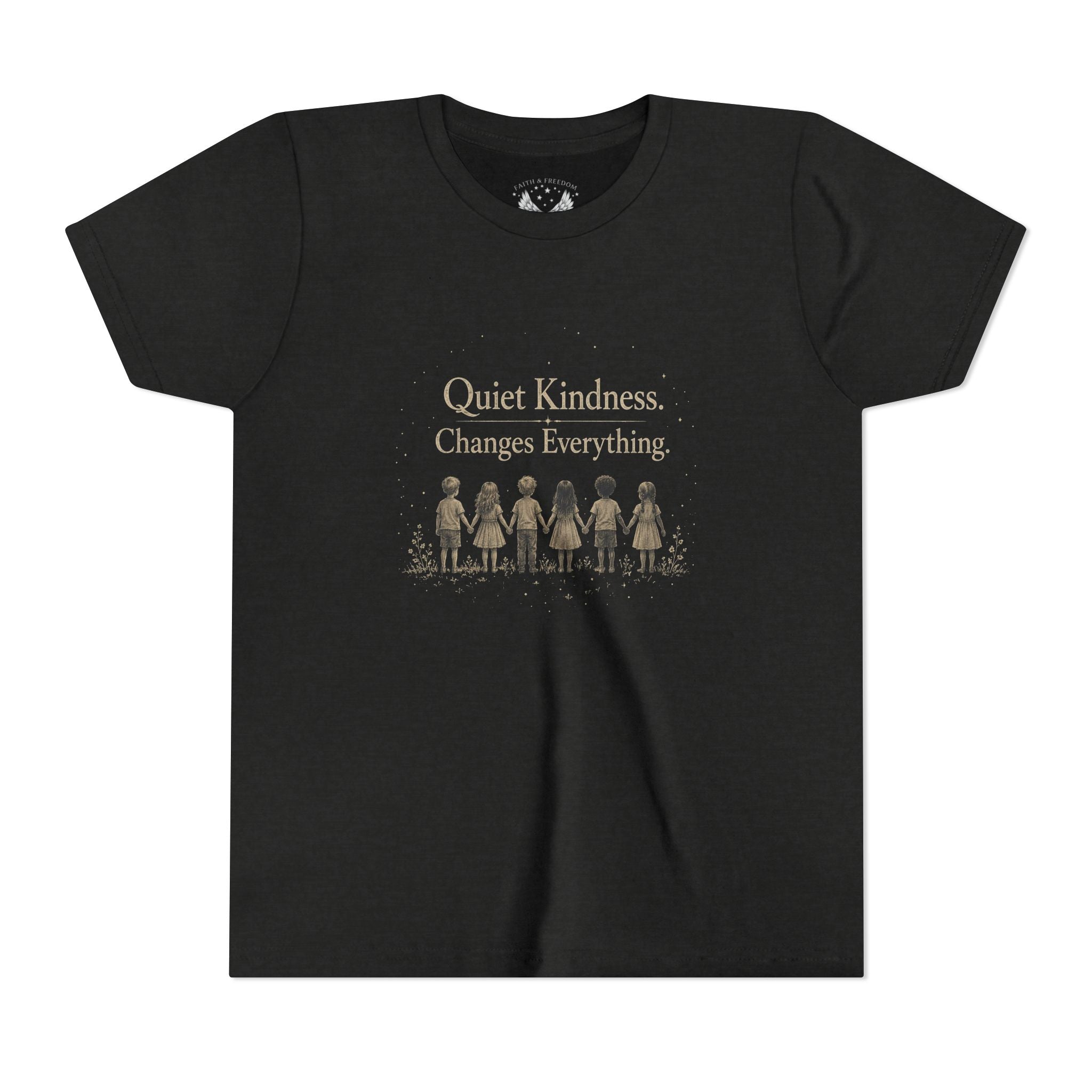 Youth “Quiet Kindness Changes Everything” Tee – Kids Inspirational T-Shirt with Earth & Friends Graphic