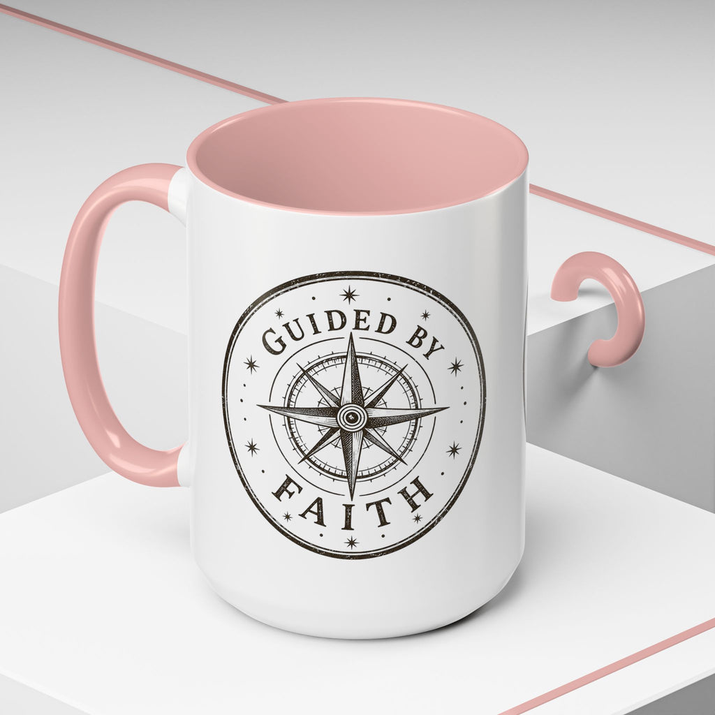 Inspirational ceramic accent coffee mug featuring a compass design and “Guided by Faith” message with colorful handle and interior accents on a glossy white mug.