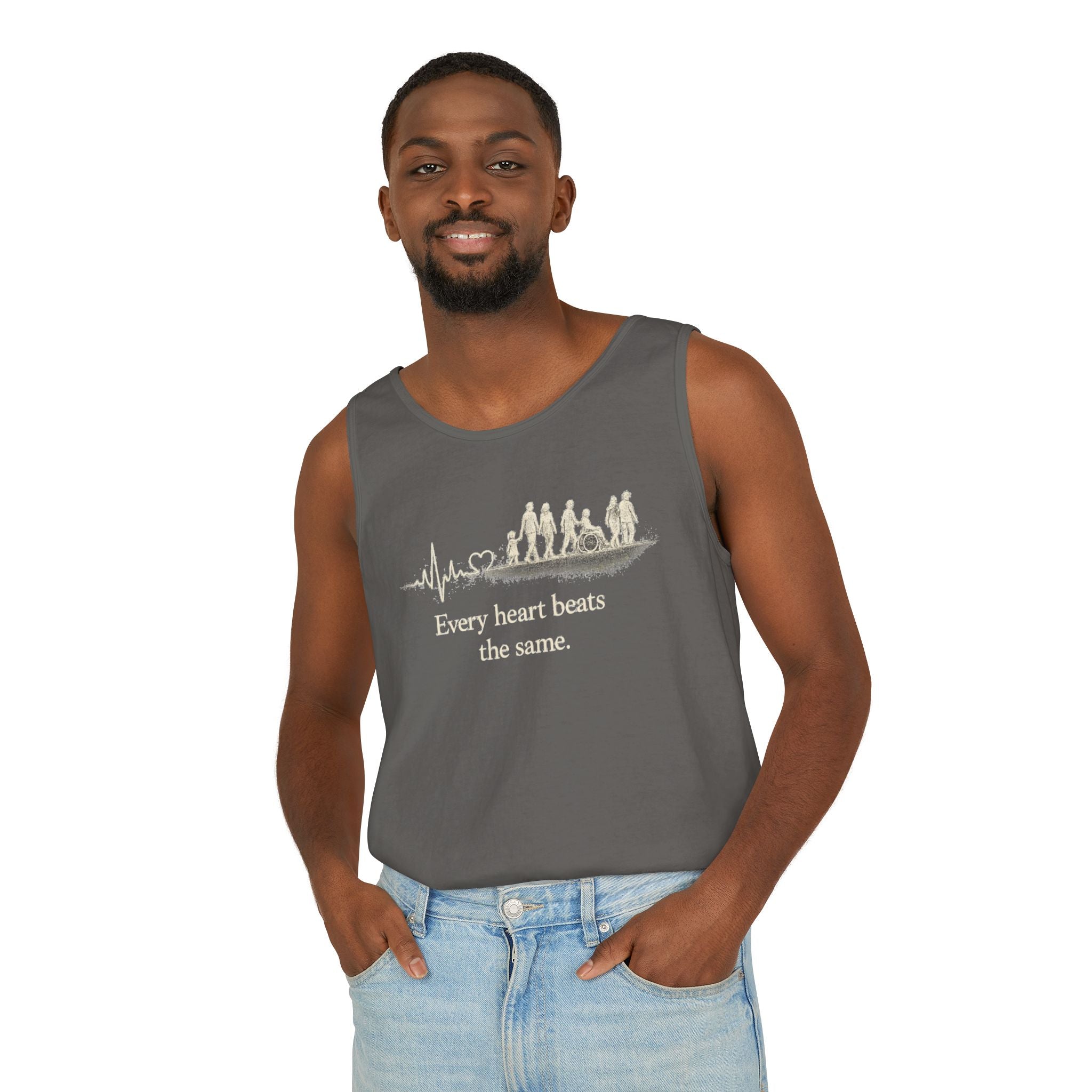 “Every Heart Beats the Same” Vintage Surf Tank Top – Garment-Dyed Coastal Unity Tank