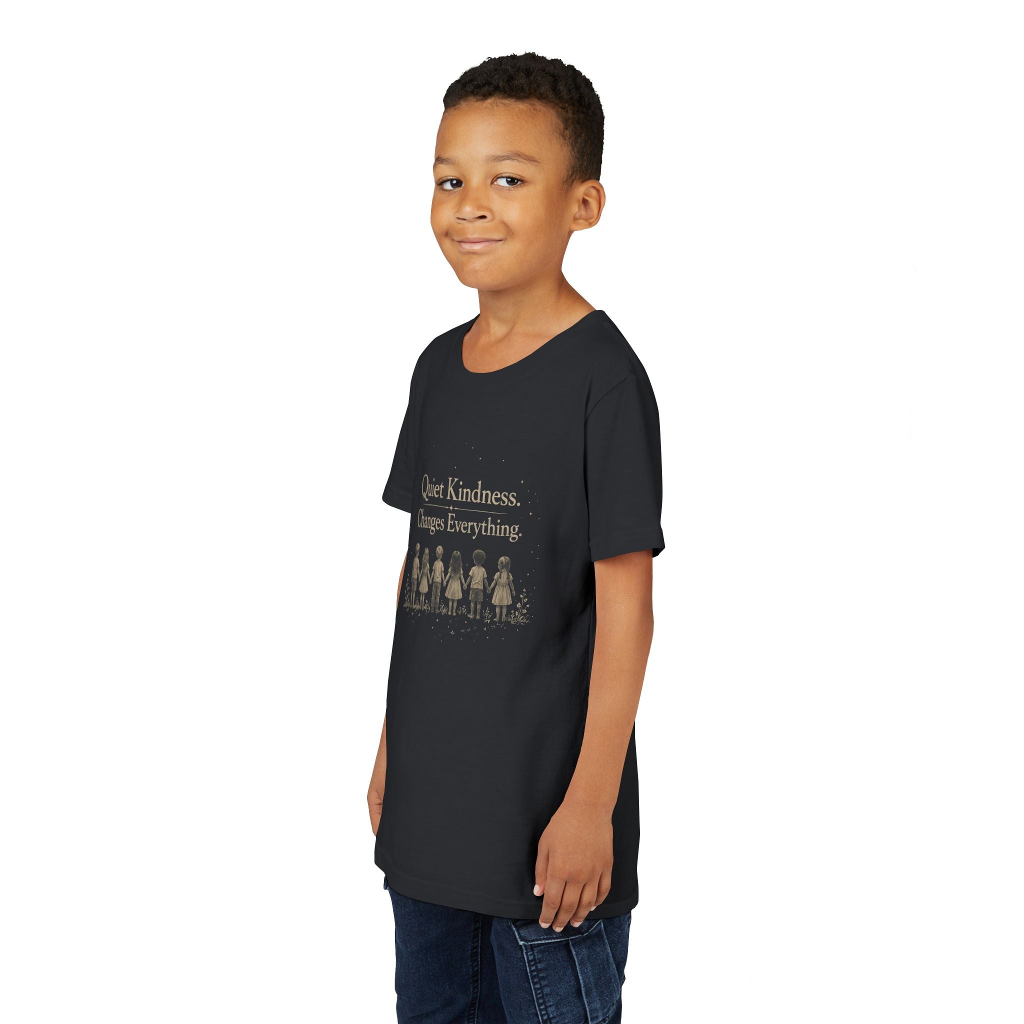 Youth “Quiet Kindness Changes Everything” Tee – Kids Inspirational T-Shirt with Earth & Friends Graphic