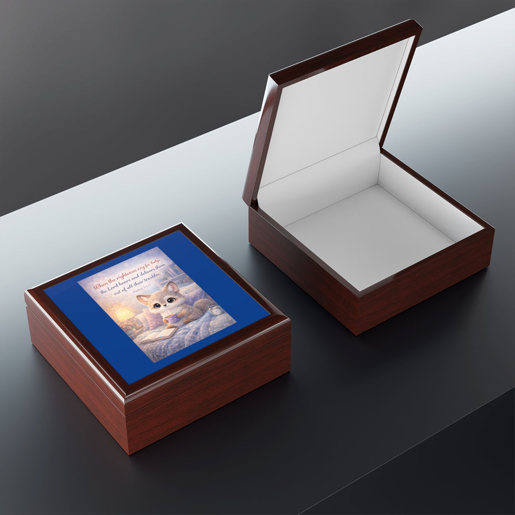 The Righteous Cry Out - Cozy Kitten Jewelry Box with Psalm 34:17