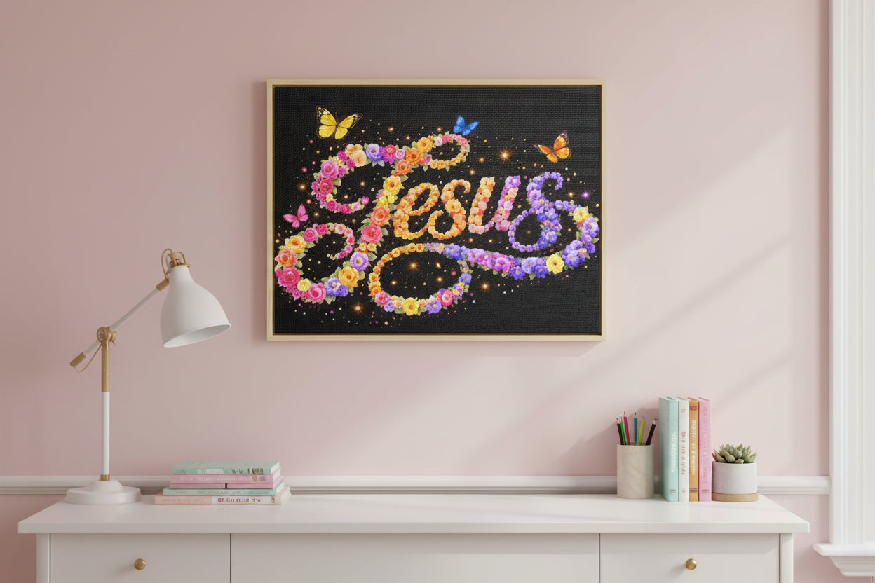 Jesus Floral Satin Canvas Wall Art – Butterfly Christian Canvas | Inspirational Faith Home Decor