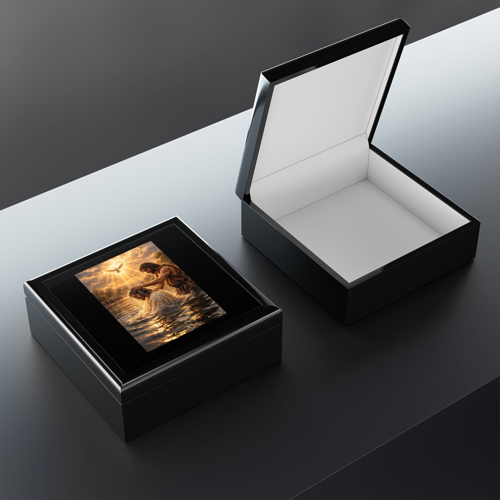 Baptism of Jesus Jewelry Box – Christian Baptism Keepsake Gift with Golden Light Scene | Faith Jewelry Storage Box