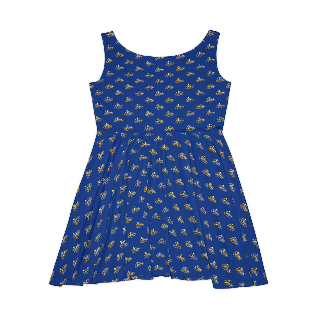 Women's Jesus Script Skater Dress – Blue & Gold Christian Faith Dress | Elegant Church & Event Wear