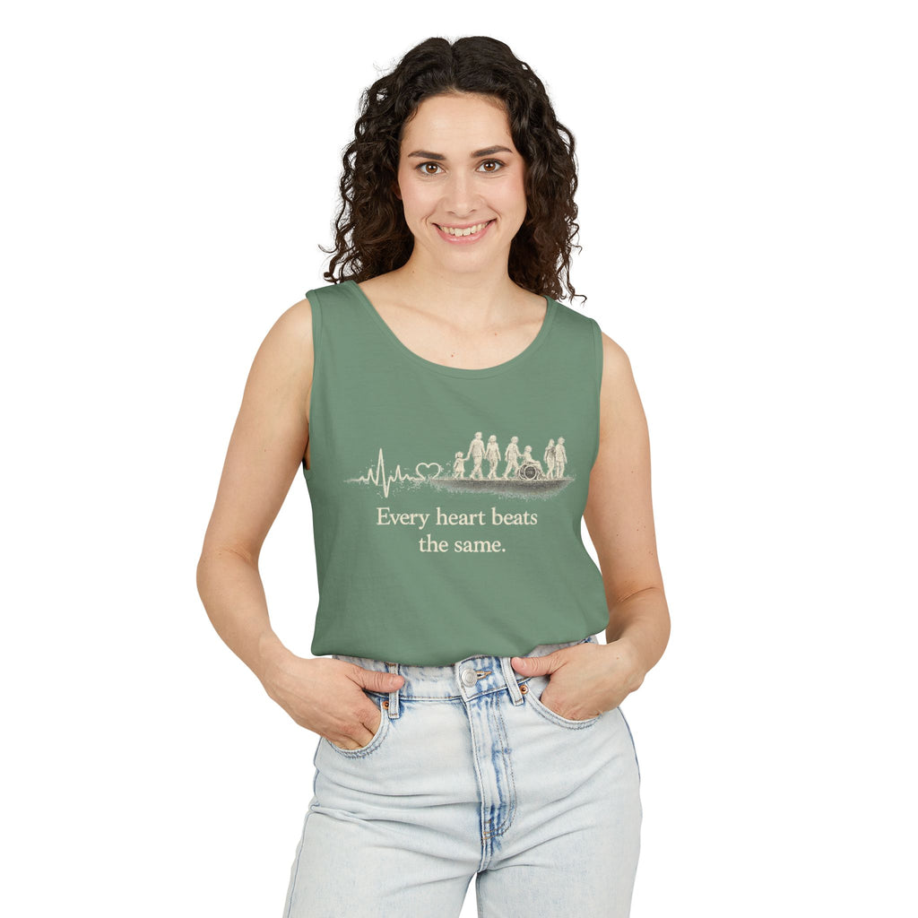 “Every Heart Beats the Same” Vintage Surf Tank Top – Garment-Dyed Coastal Unity Tank