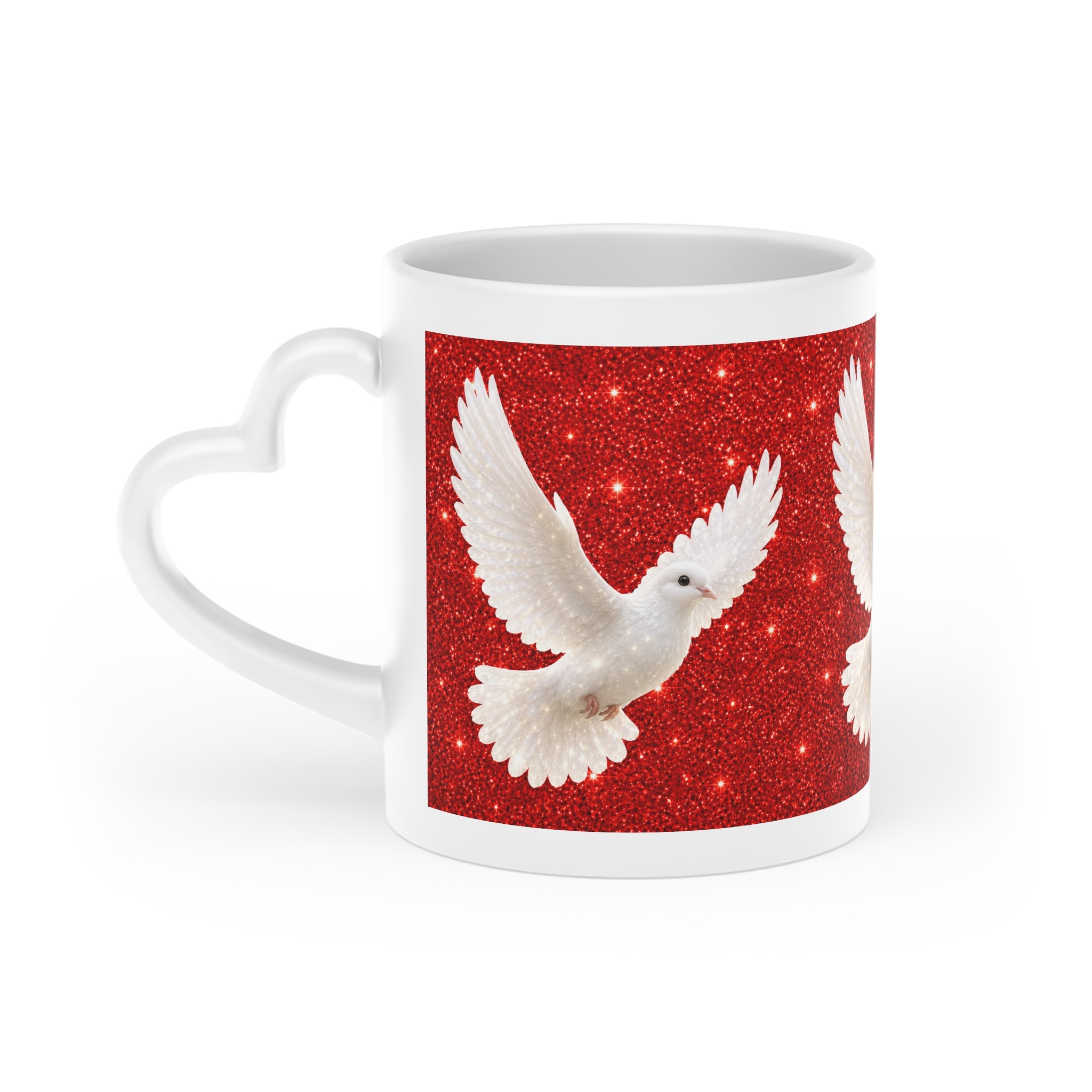 White ceramic heart-shaped handle mug featuring graceful white doves flying across a sparkling red background with vibrant wraparound artwork.