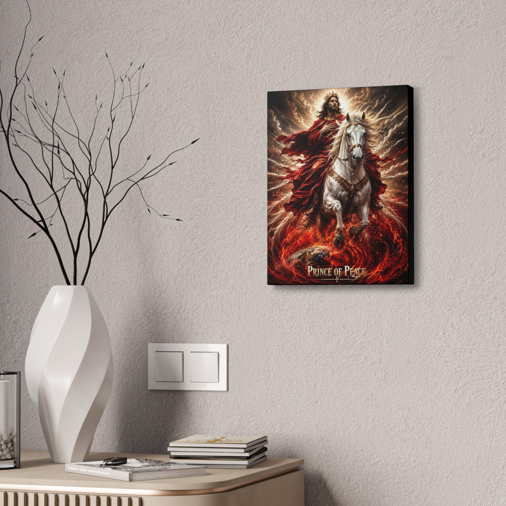 Christian canvas wall art featuring Jesus riding a white horse with peaceful radiant lighting and inspirational Prince of Peace imagery in gallery-style decor.
