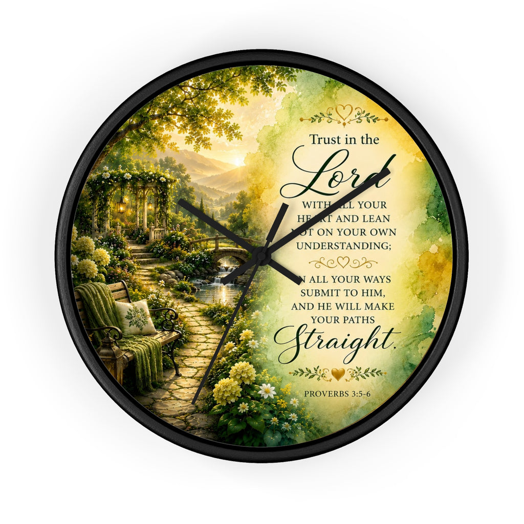 Inspirational Christian wall clock featuring a peaceful garden pathway at sunrise with Proverbs 3:5-6 scripture about trusting in the Lord.
