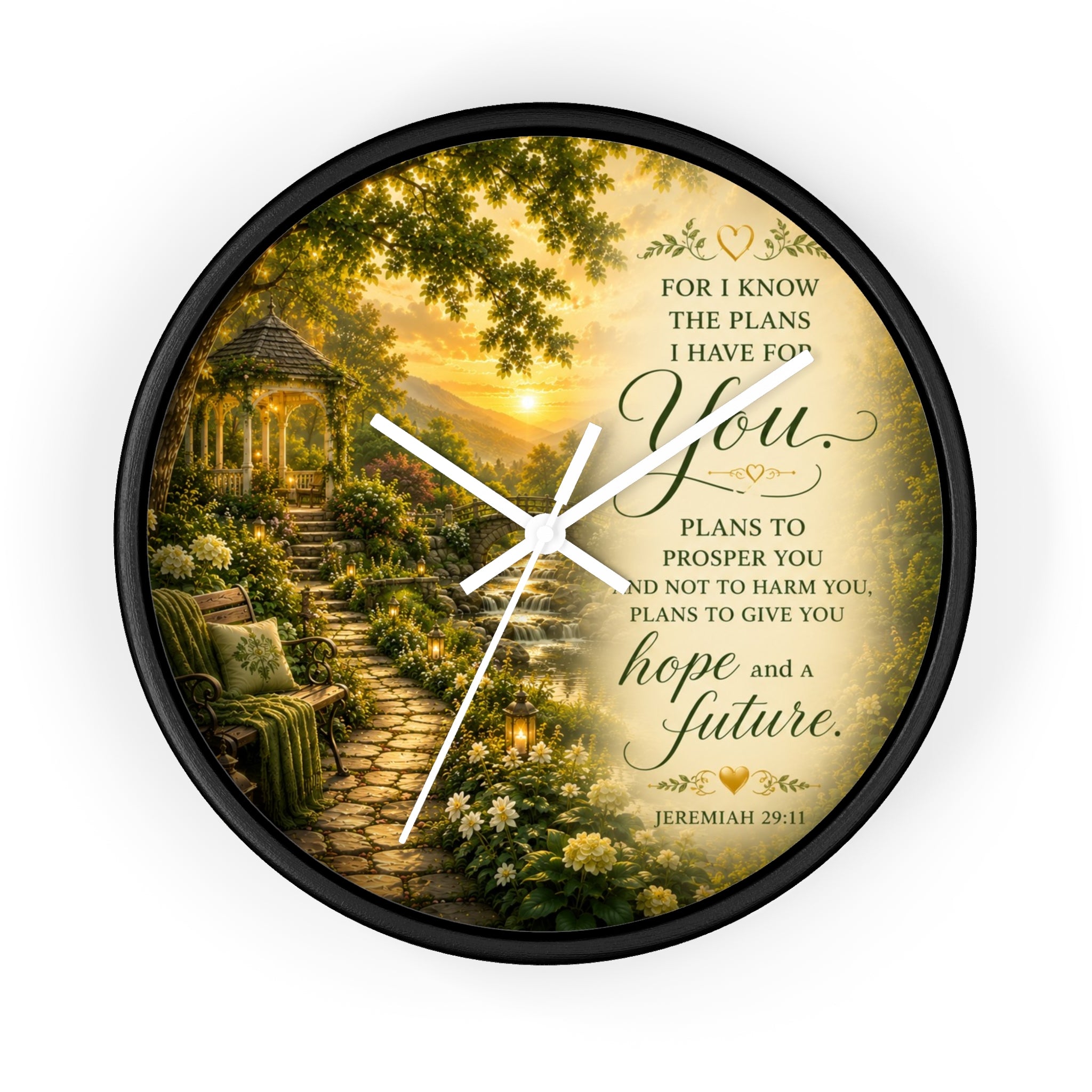 Inspirational Christian wall clock featuring a peaceful garden pathway, gazebo, and Jeremiah 29:11 scripture about hope and a future in warm sunset tones.