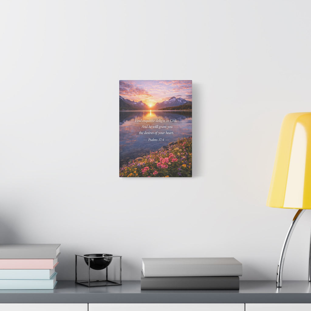 Sunset Lake Psalm 37:4 Canvas — Peaceful Christian Scripture Wall Art
