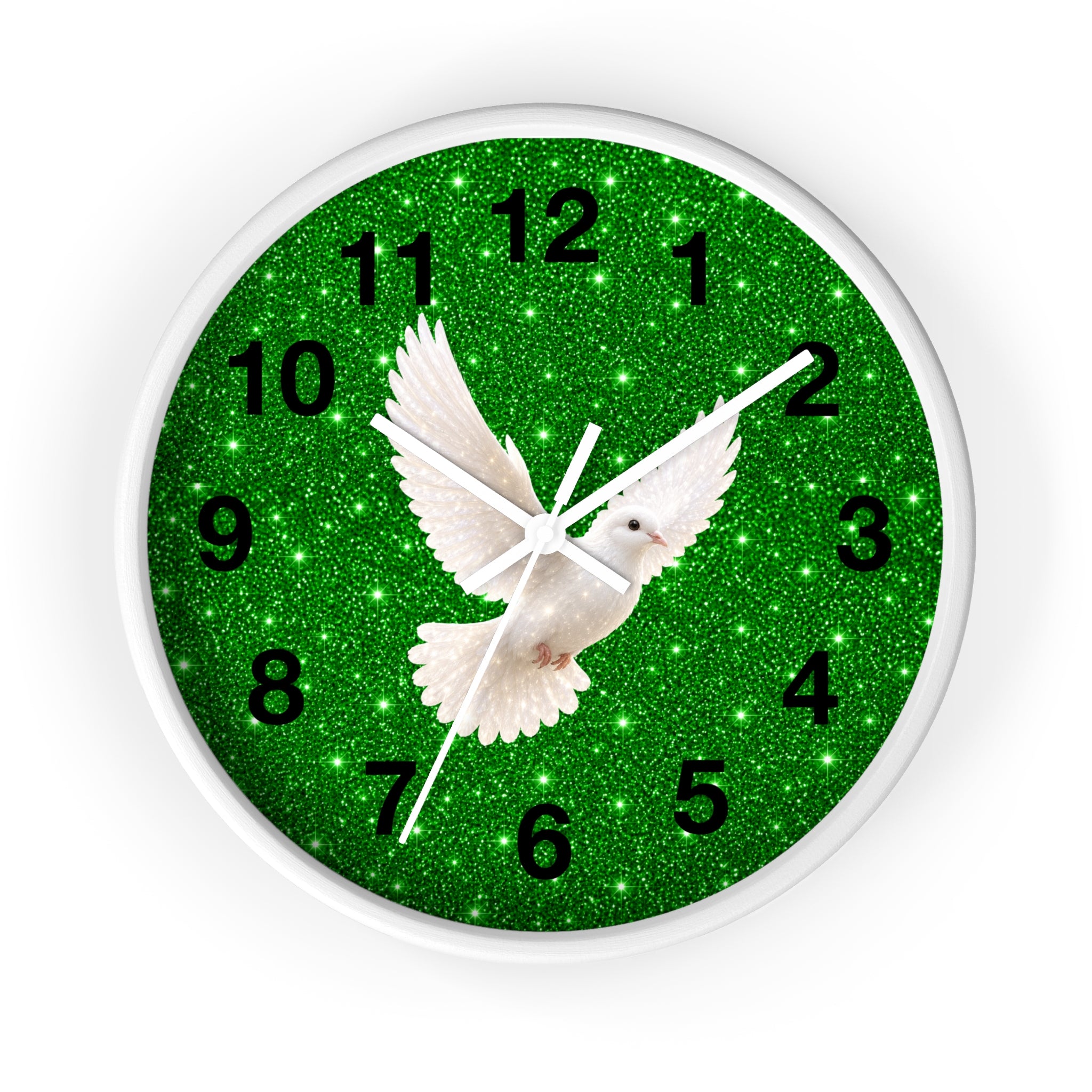 Peace Dove Wall Clock | Green Sparkle Christian Wall Decor | Silent White Dove Clock