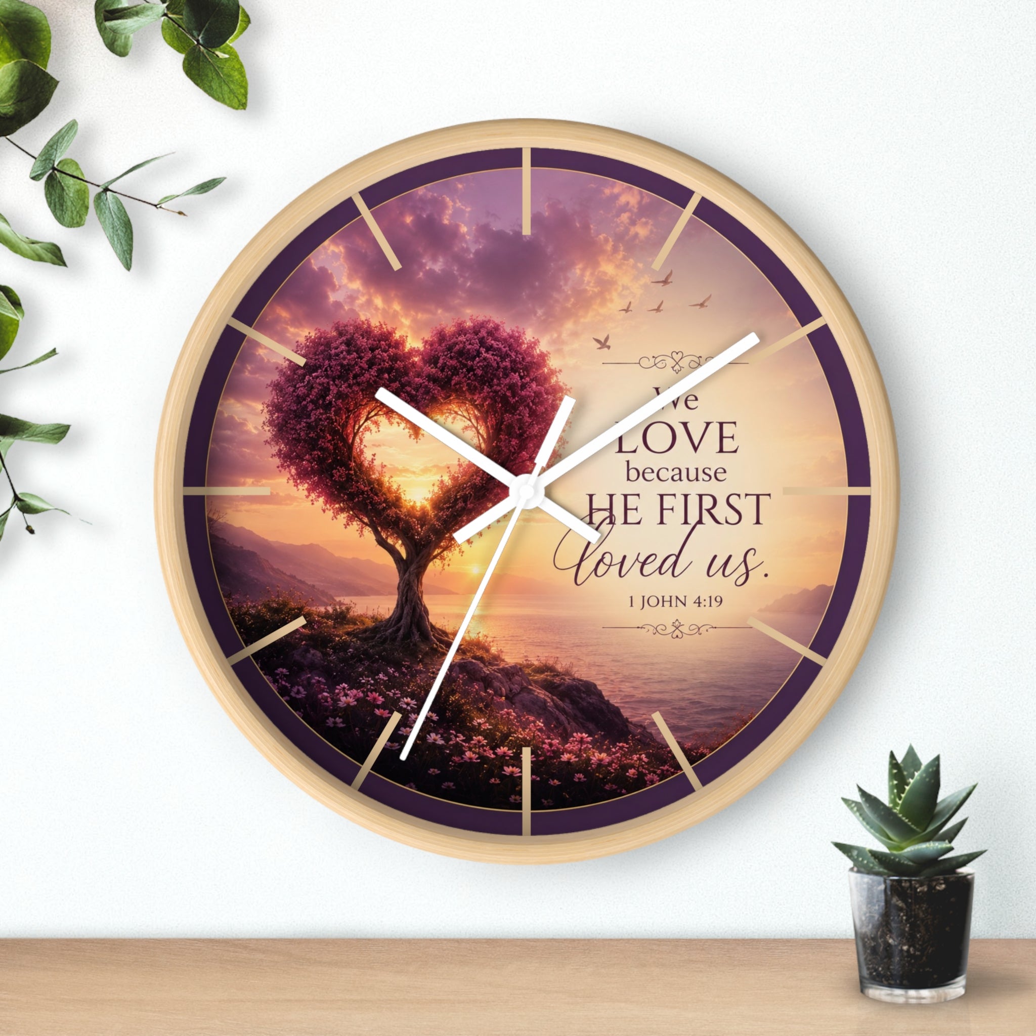 We Love Because He First Loved Us Wall Clock | Christian Heart Tree Decor | 1 John 4:19 Scripture Clock