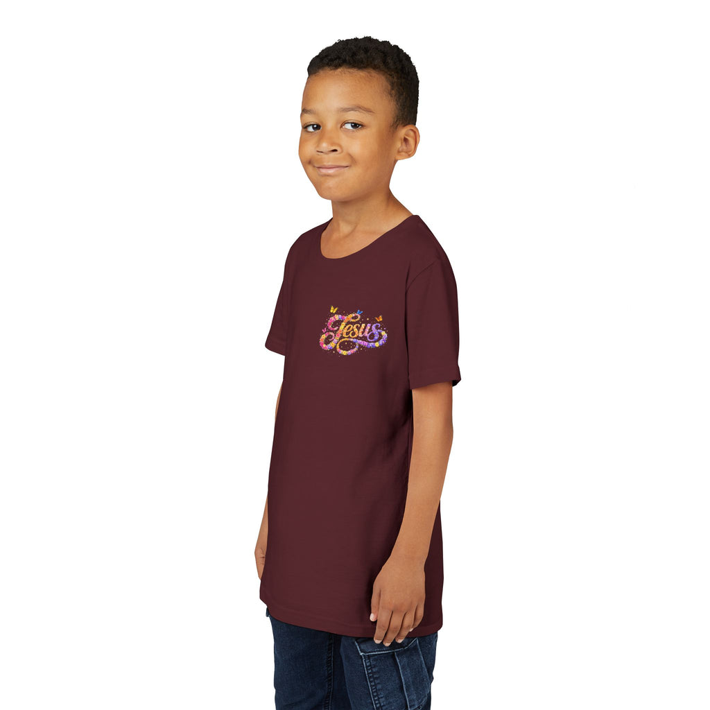 Youth Jesus Floral Script T-Shirt – Butterfly Christian Kids Tee | Faith Youth Shirt