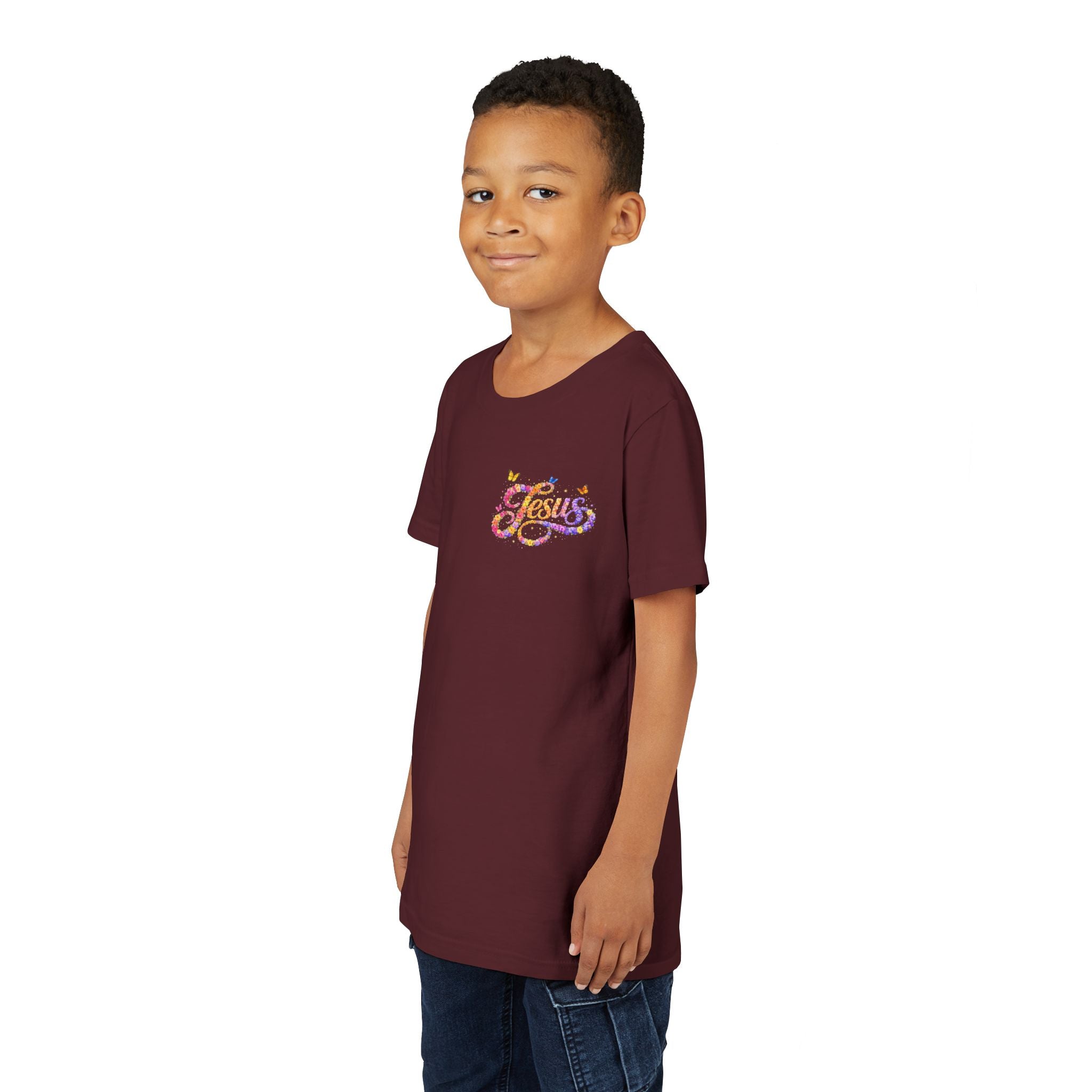 Youth Jesus Floral Script T-Shirt – Butterfly Christian Kids Tee | Faith Youth Shirt