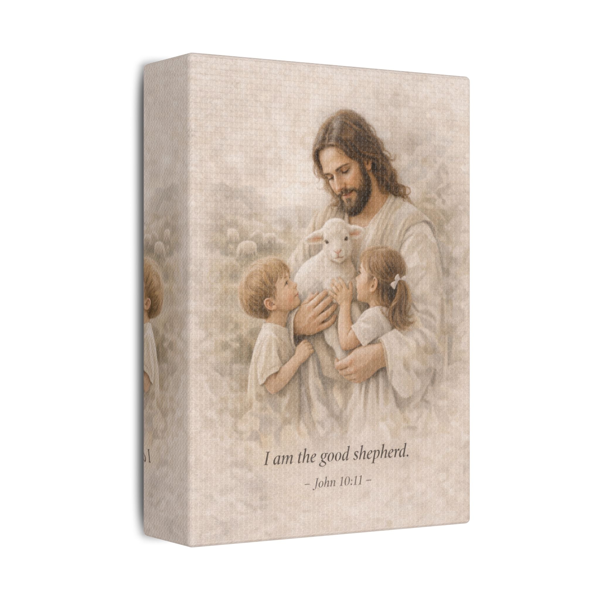 Jesus with Children Satin Canvas Print — "I am the good shepherd" (John 10:11)