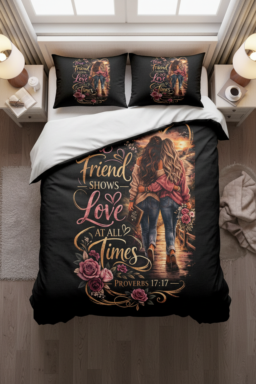 Christian cotton bedding set featuring two friends walking arm in arm toward a golden sunset with blooming flowers and the Proverbs 17:17 message, "A True Friend Shows Love at All Times."