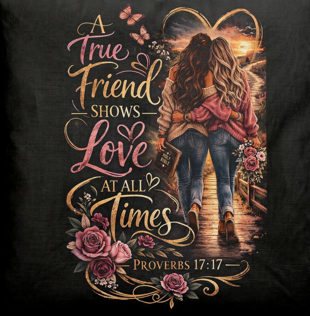Christian cotton bedding set featuring two friends walking arm in arm toward a golden sunset with blooming flowers and the Proverbs 17:17 message, "A True Friend Shows Love at All Times."