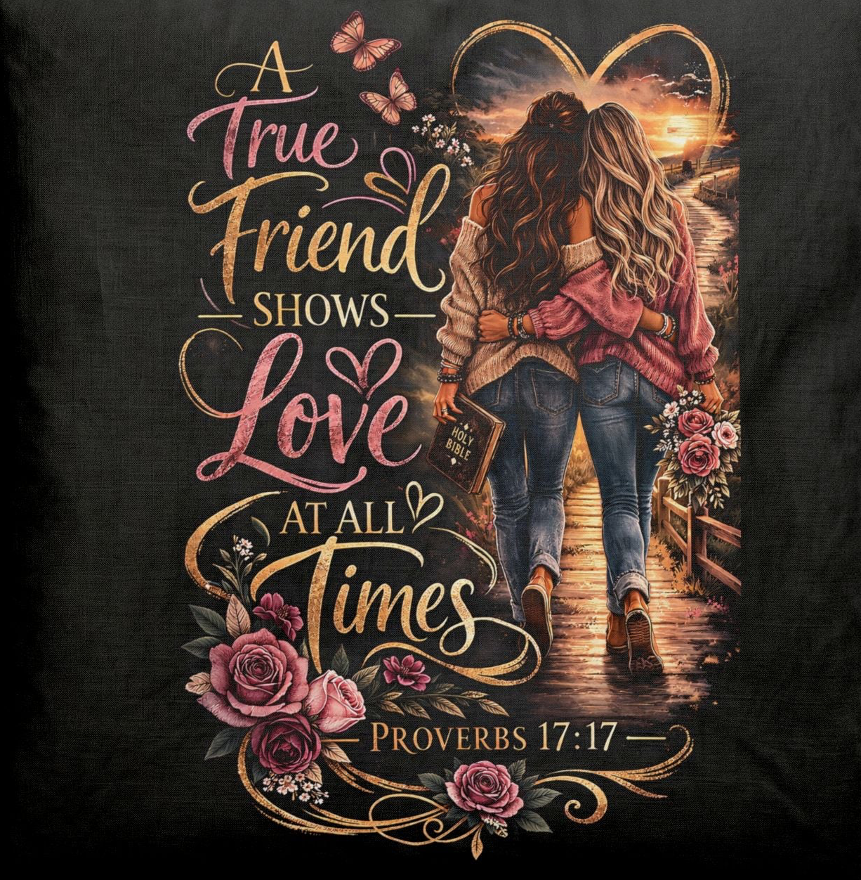 Christian cotton bedding set featuring two friends walking arm in arm toward a golden sunset with blooming flowers and the Proverbs 17:17 message, "A True Friend Shows Love at All Times."