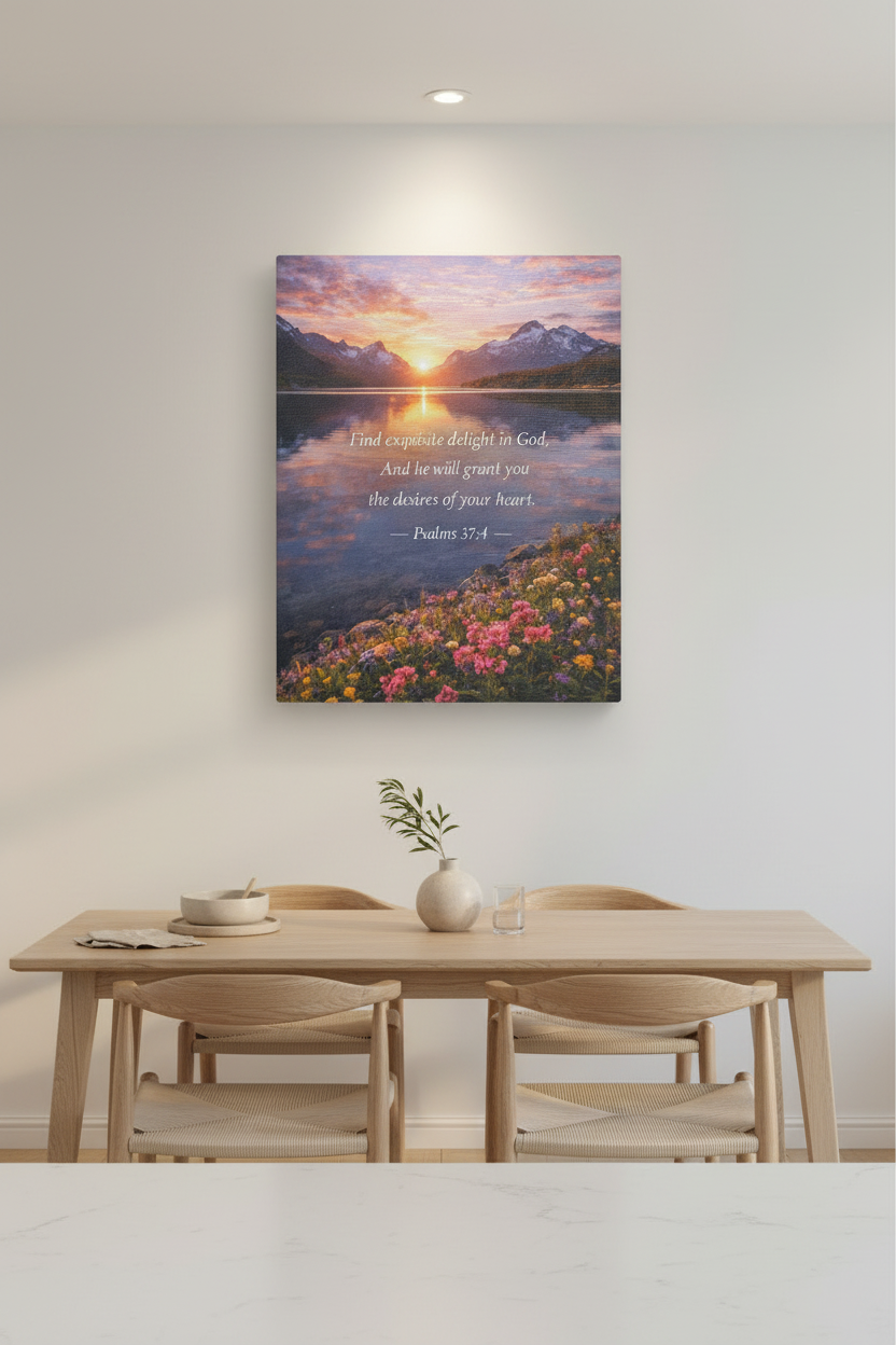 Sunset Lake Psalm 37:4 Canvas — Peaceful Christian Scripture Wall Art