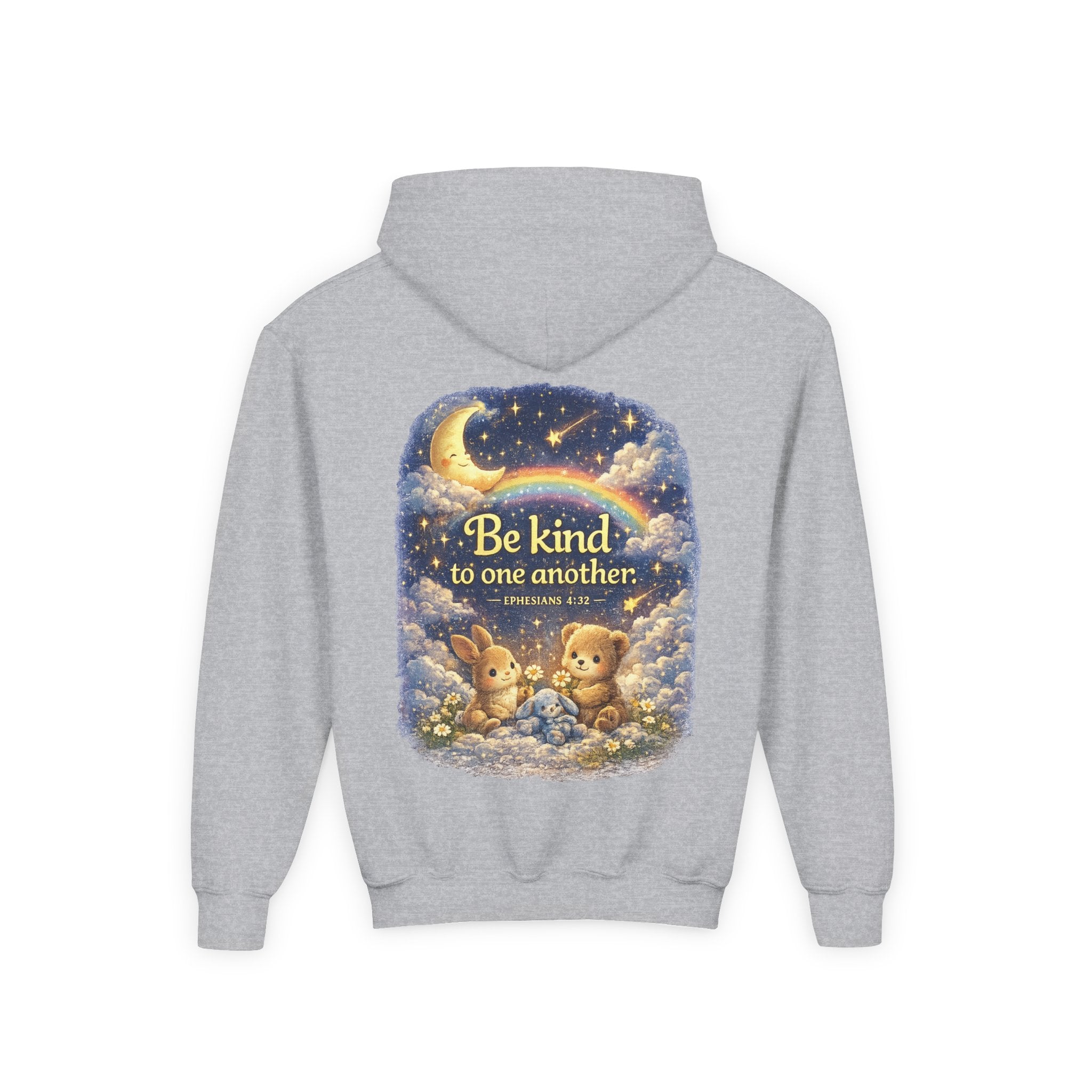 Youth “Be Kind to One Another” Hoodie – Cute Bunny Night Sky Scripture Sweatshirt