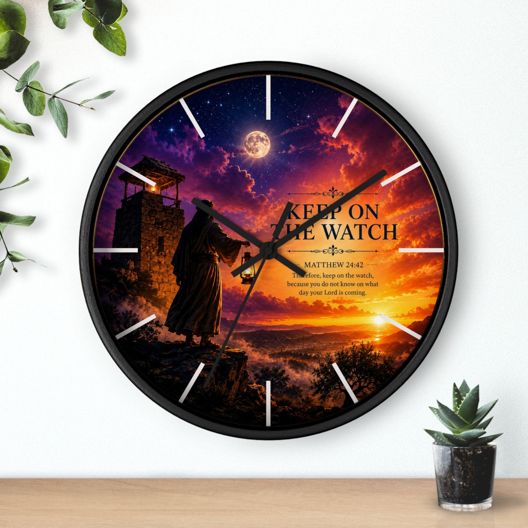 Inspirational Christian wall clock featuring a lone watchman beneath dramatic sunset skies with Matthew 24:42 scripture and rich orange and purple twilight tones.