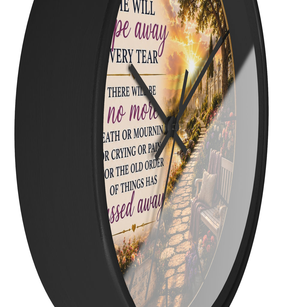 Revelation 21:4 Memorial Garden Wall Clock | Inspirational Christian Scripture Clock | Faith Home Decor