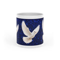 White ceramic heart-shaped handle mug featuring elegant white doves flying across a deep midnight-blue starry sky with vibrant wraparound artwork.
